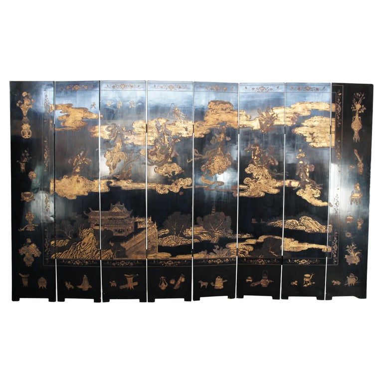 Monumental Antique 8 Panel Chinese Black Lacquer Folding Screen Room Divider For Sale