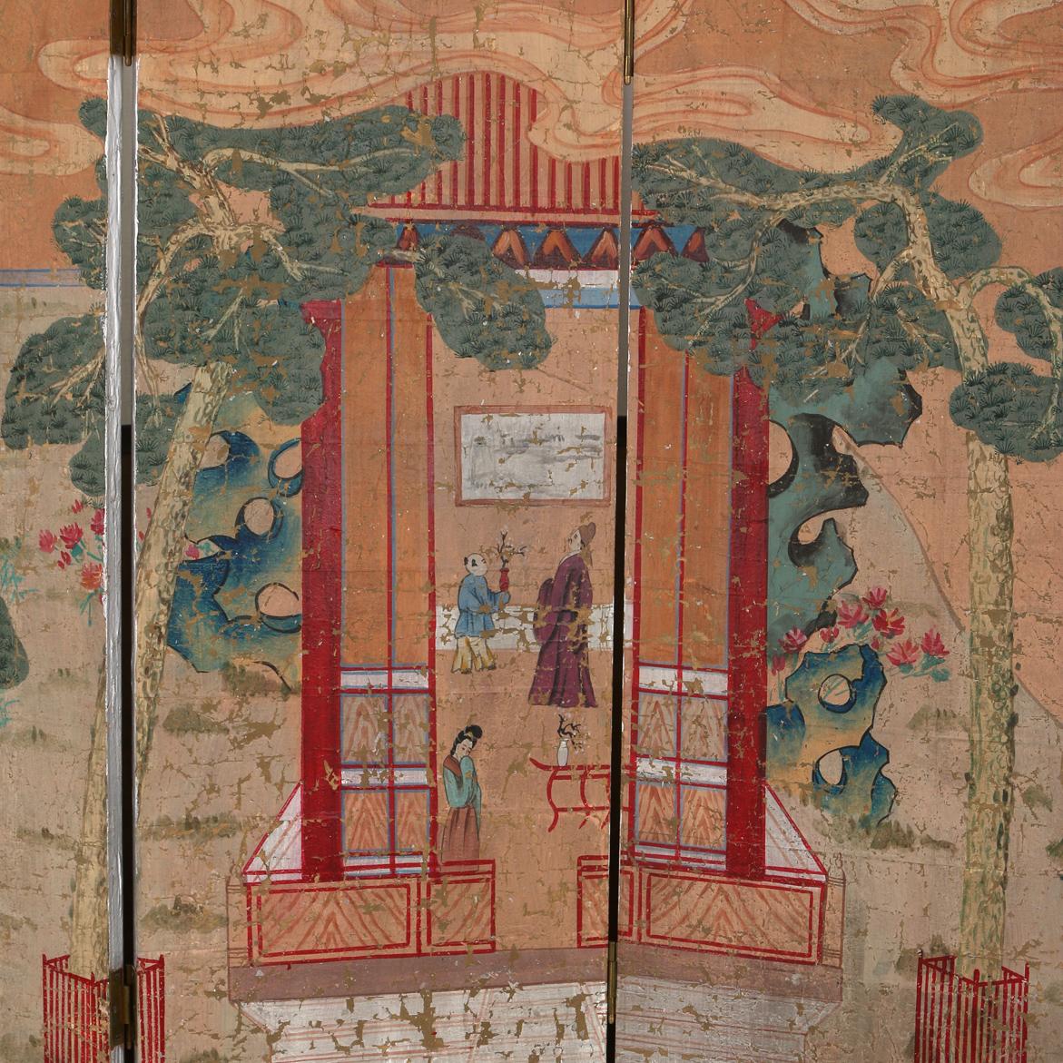 A super chic Monumental Antique 8 Panel Hand Painted Chinese Screen depicting Chinese landscape and scenery with pagodas. The screen includes (8) 16