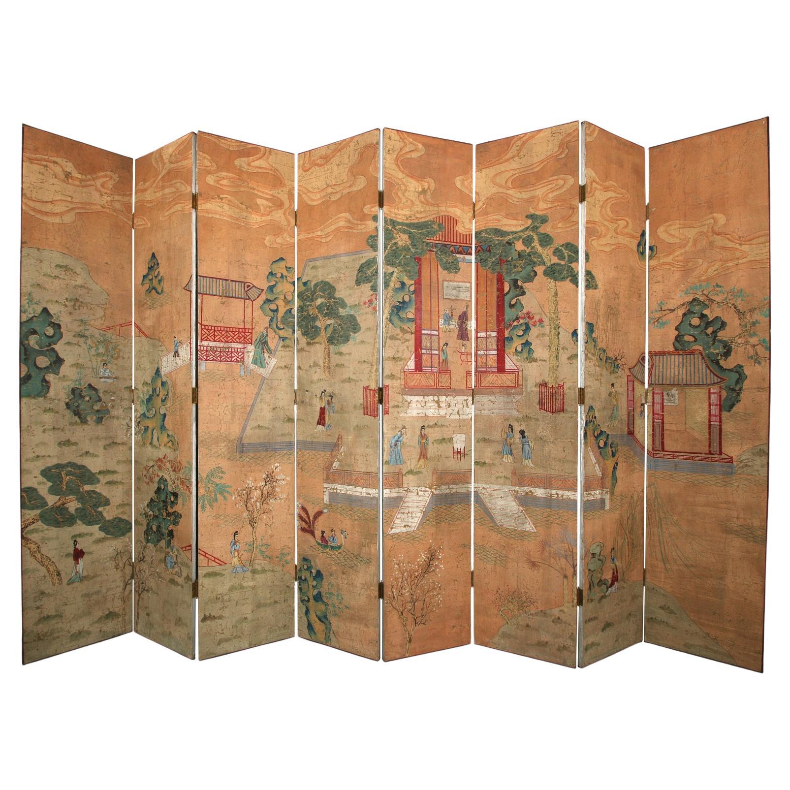 Monumental Antique 8 Panel Hand Painted Chinese Screen For Sale