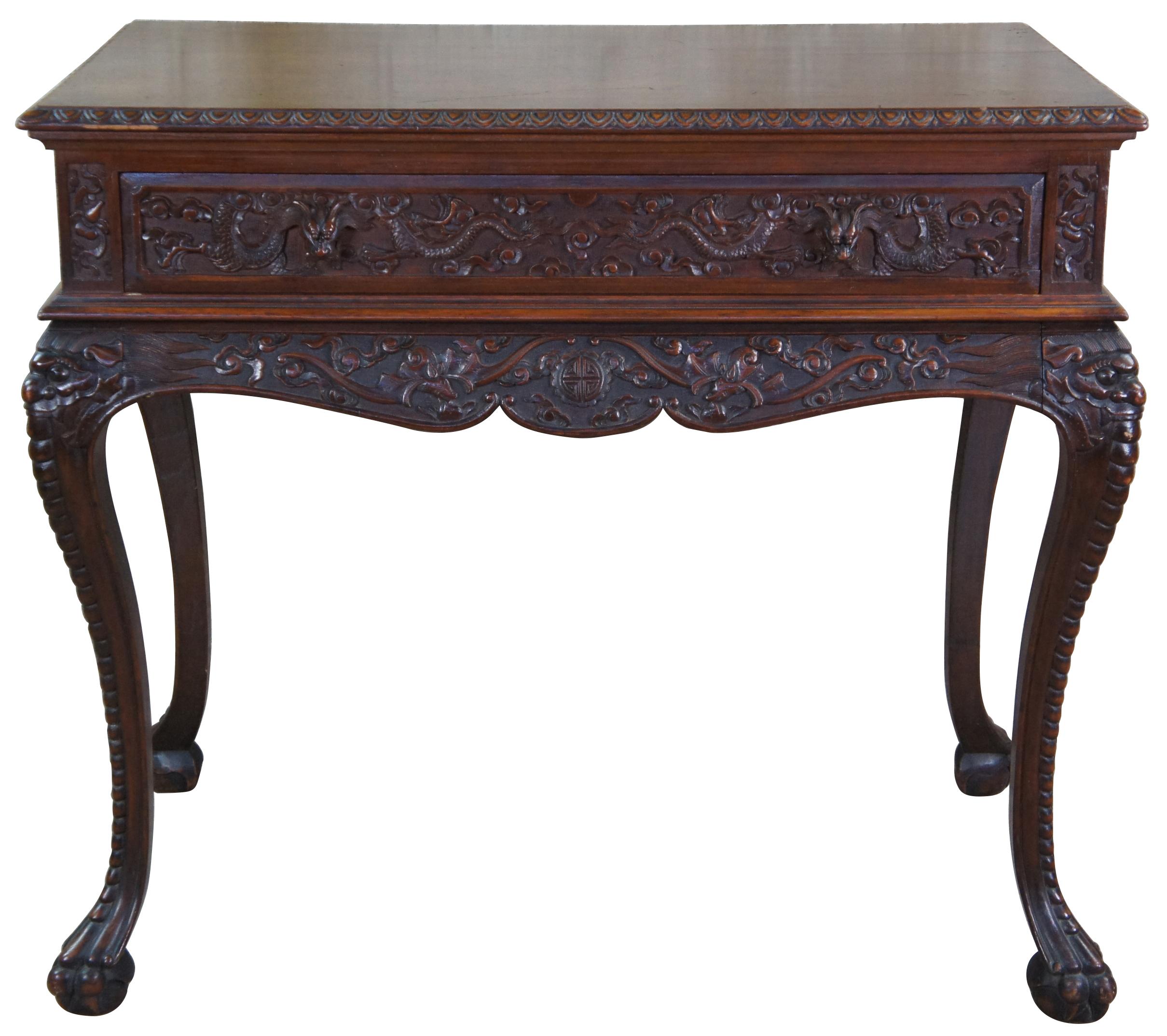 Monumental Antique American Carved Mahogany High Relief Oriental Dining Suite For Sale 8