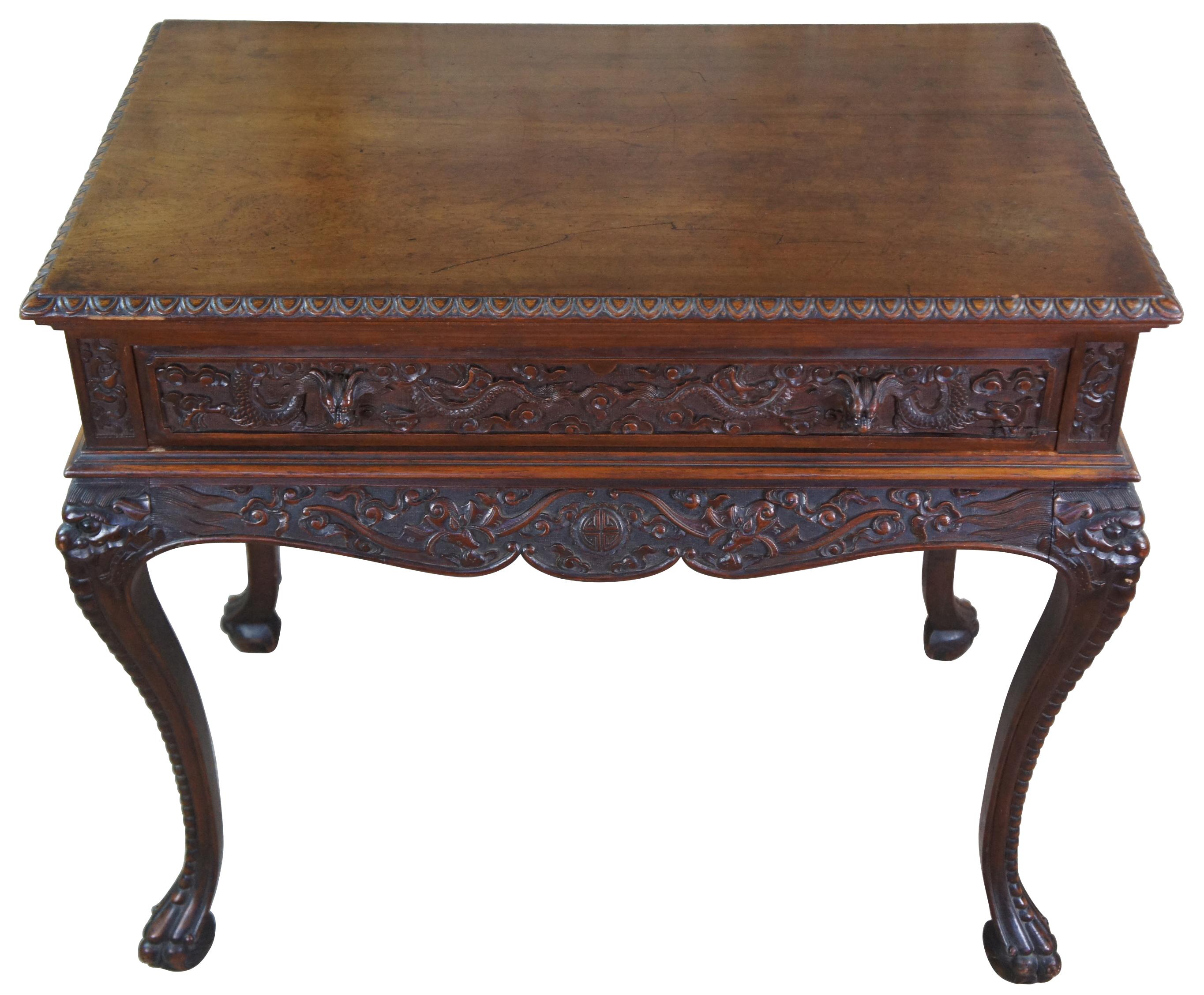 Monumental Antique American Carved Mahogany High Relief Oriental Dining Suite For Sale 9