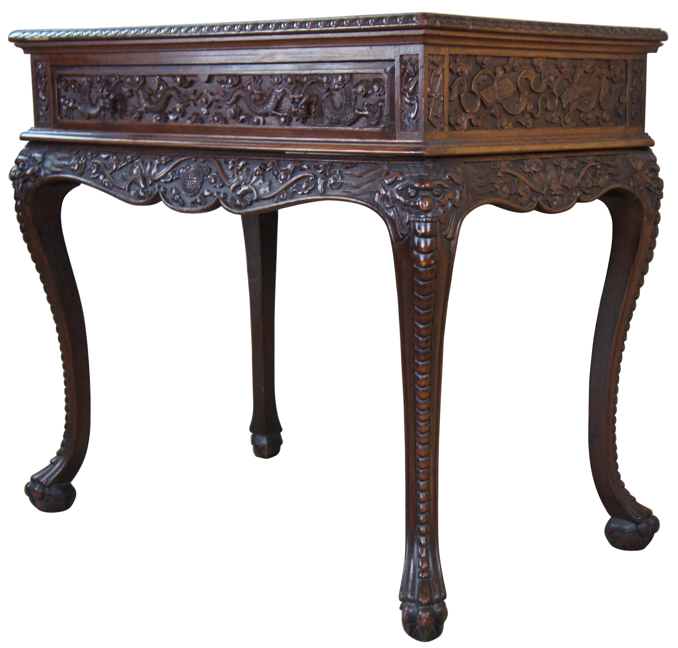 Monumental Antique American Carved Mahogany High Relief Oriental Dining Suite For Sale 10