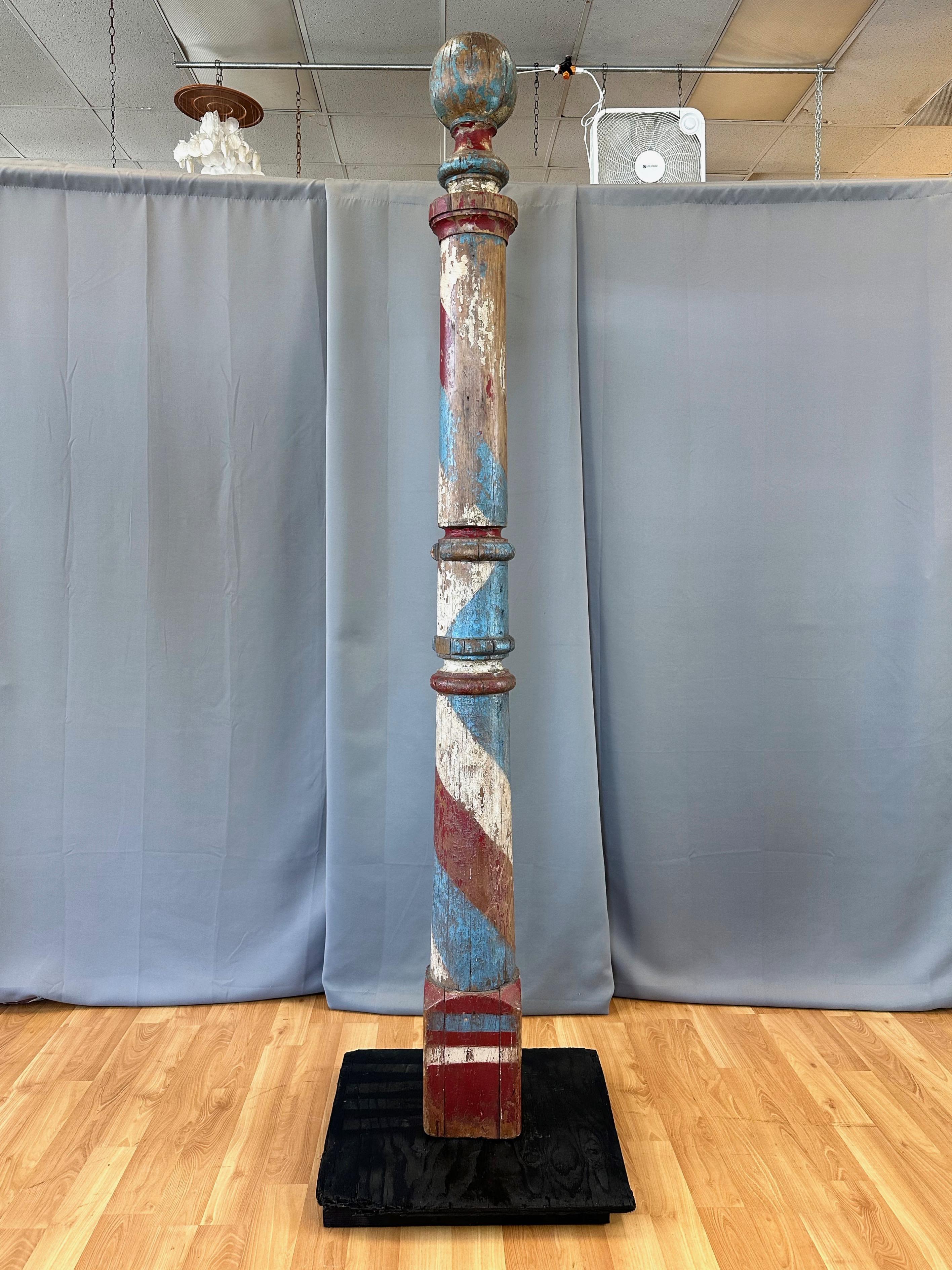 Monumental Antique American Painted Turned Wood Barber Pole, circa 1875 For Sale 2