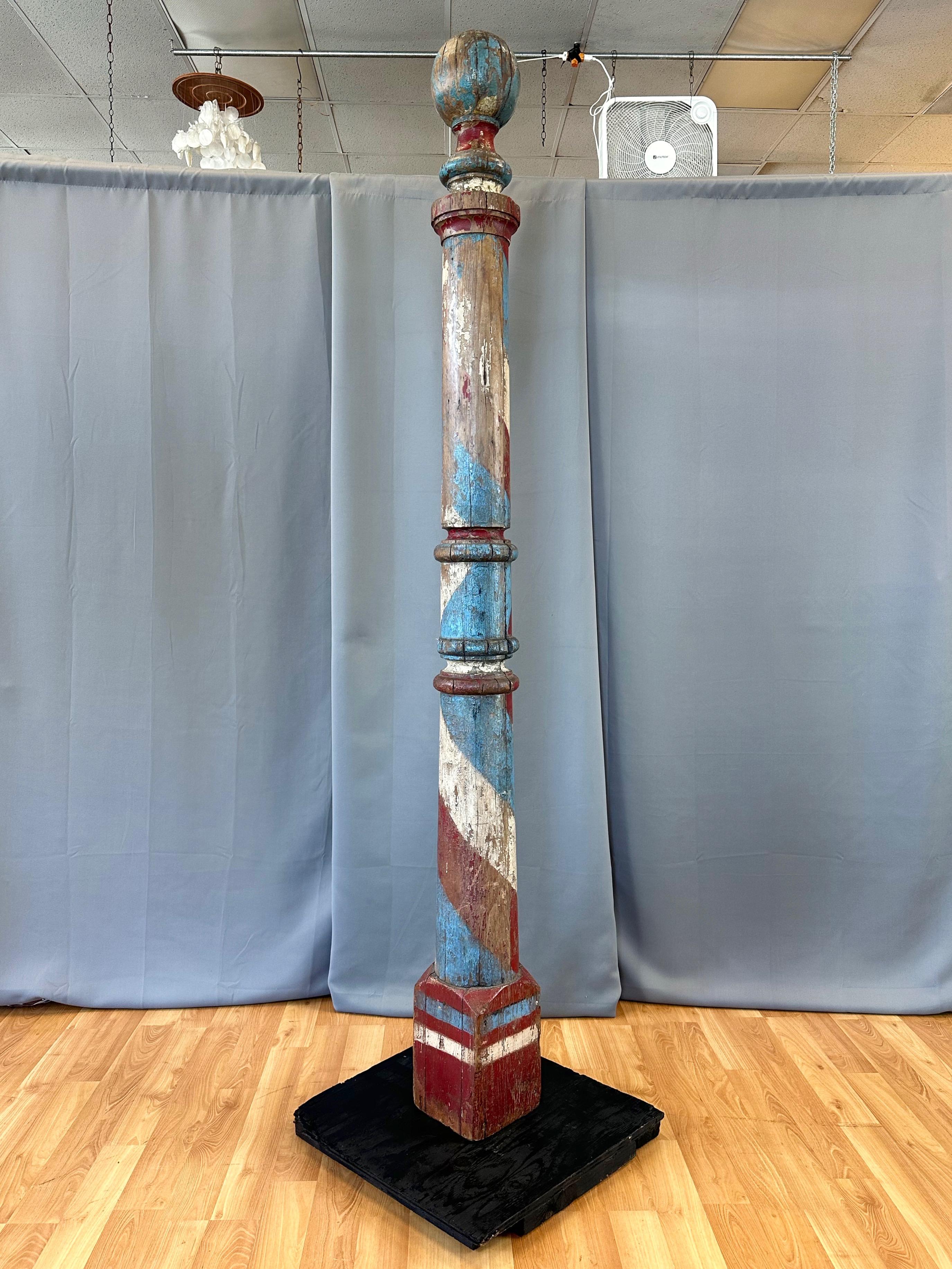 Monumental Antique American Painted Turned Wood Barber Pole, circa 1875 For Sale 3