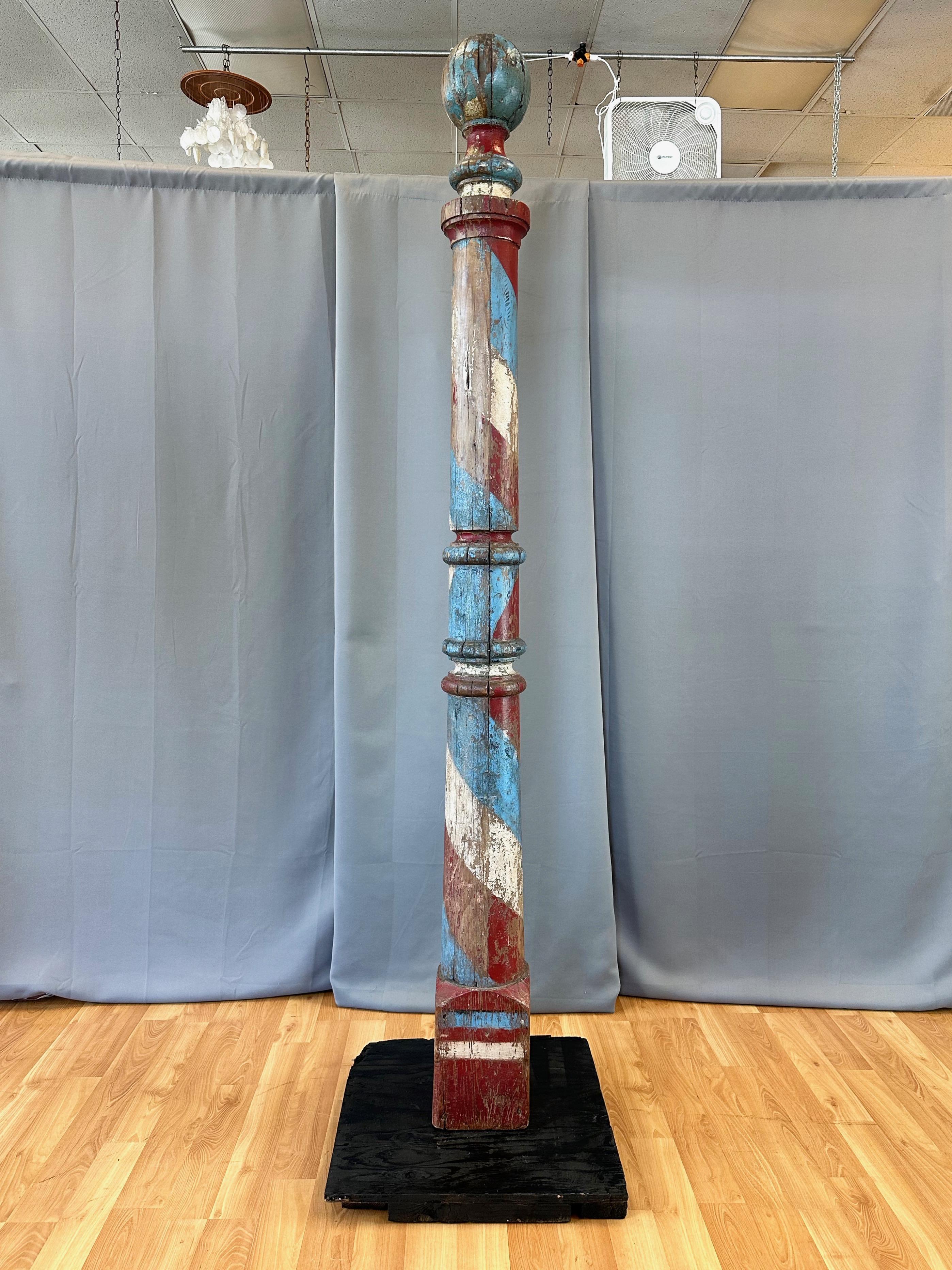 Monumental Antique American Painted Turned Wood Barber Pole, circa 1875 For Sale 4