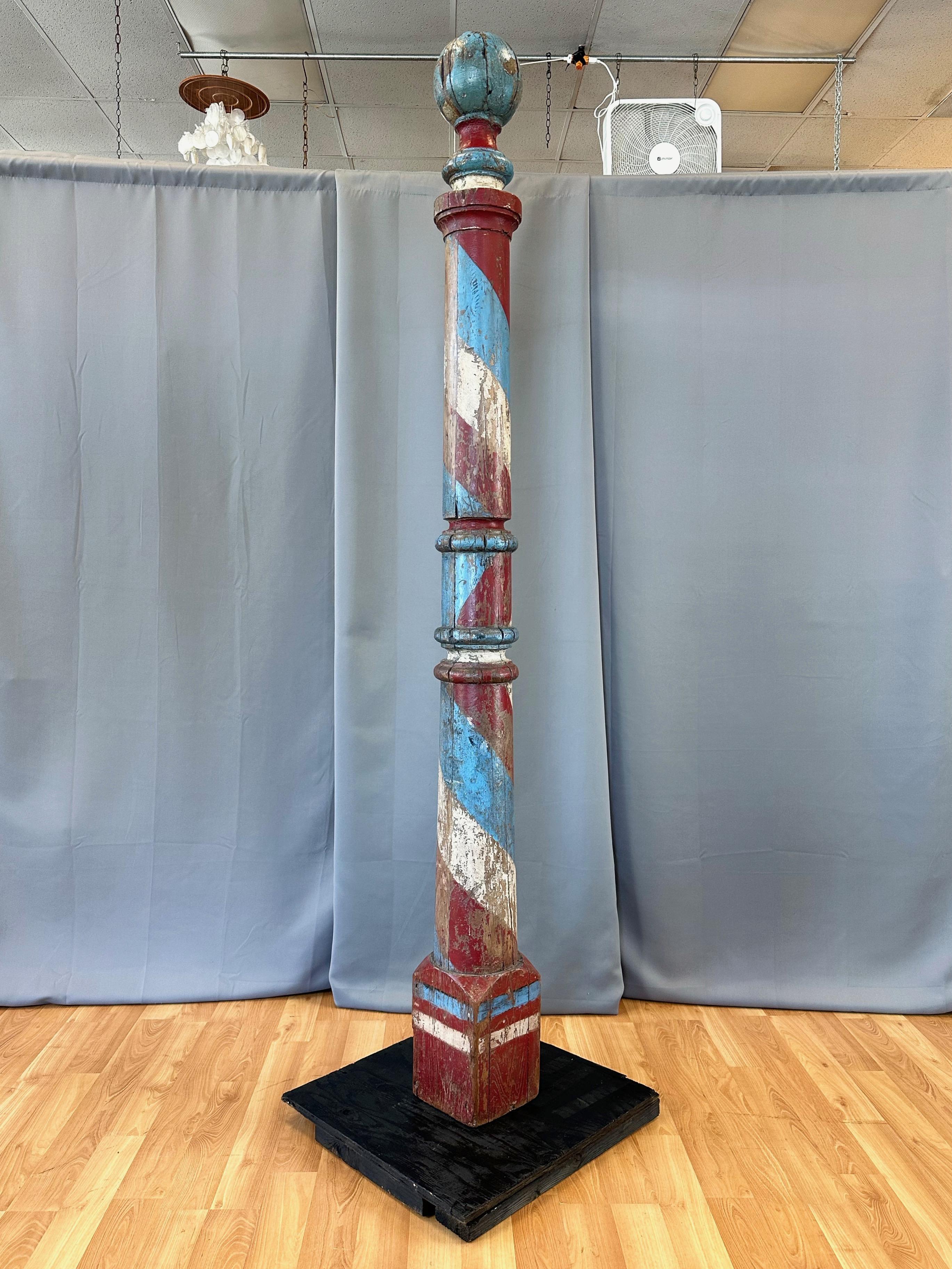 Monumental Antique American Painted Turned Wood Barber Pole, circa 1875 For Sale 5