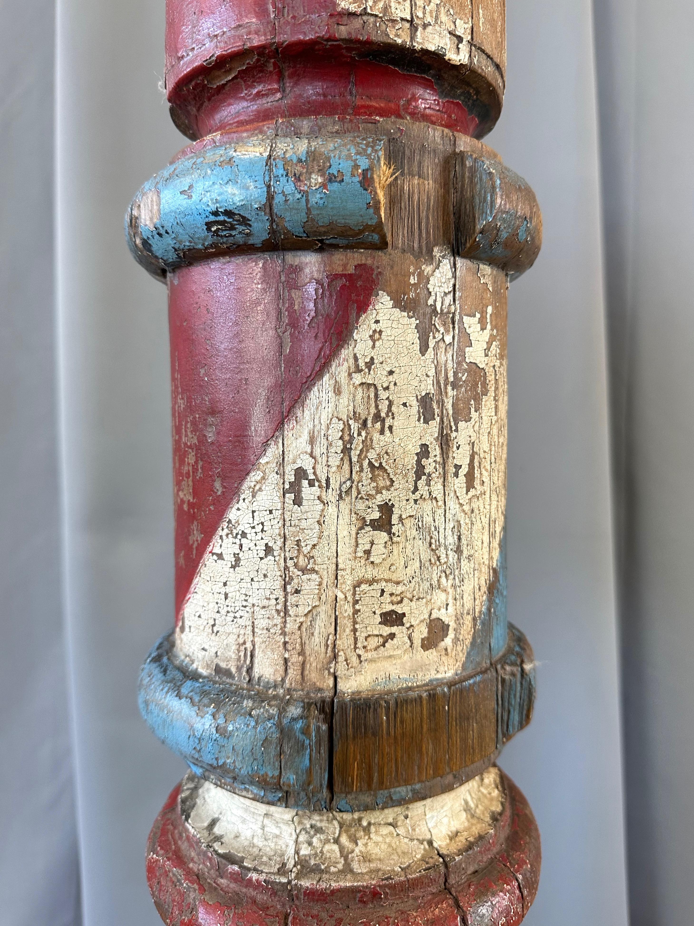 Monumental Antique American Painted Turned Wood Barber Pole, circa 1875 For Sale 7