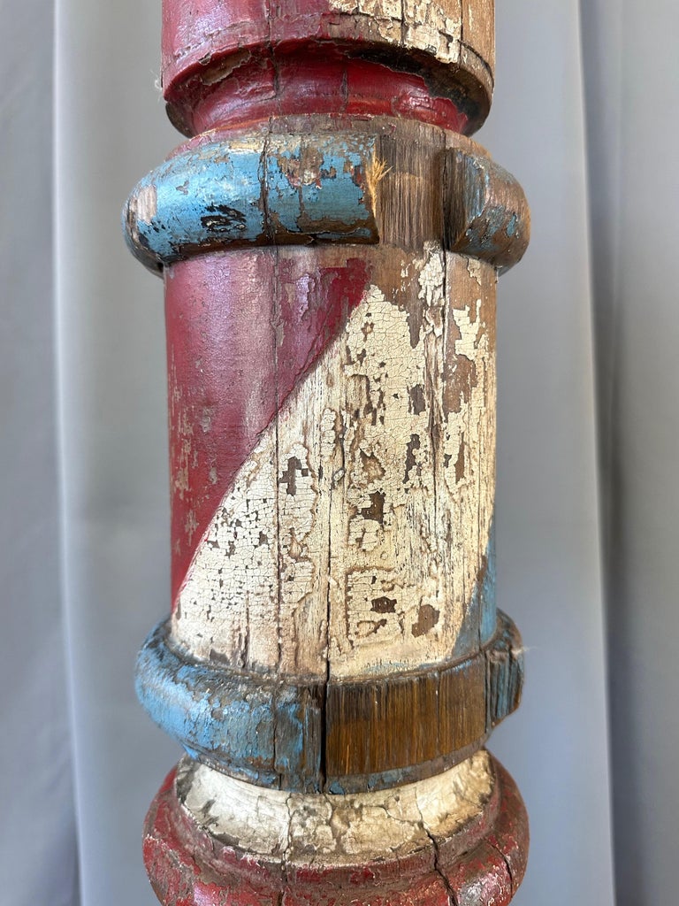 Monumental Antique American Painted Turned Wood Barber Pole, circa 1875