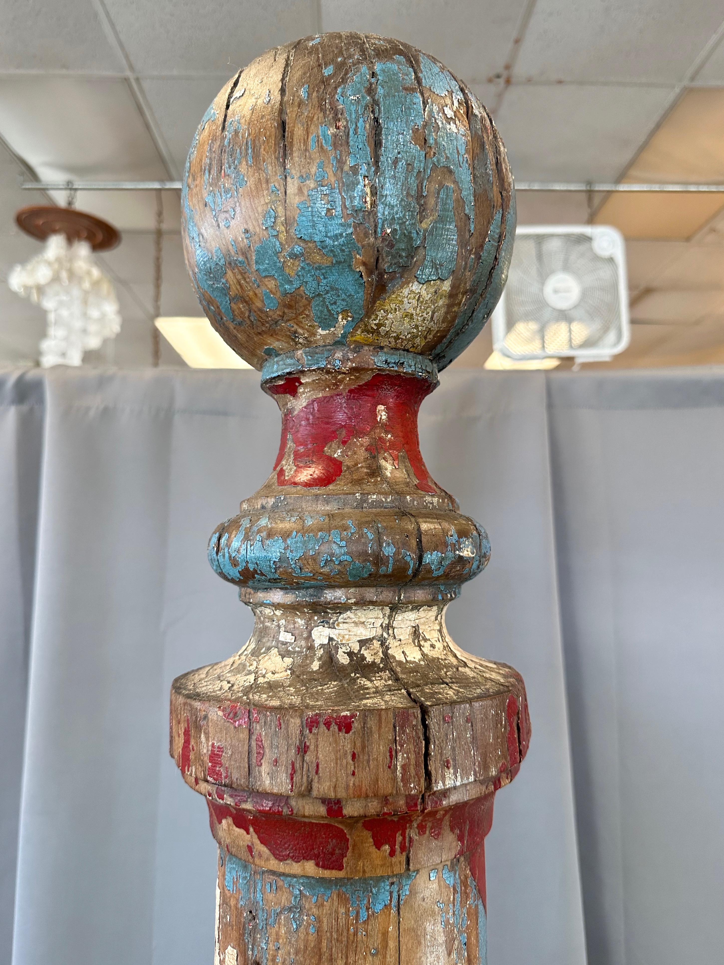 Monumental Antique American Painted Turned Wood Barber Pole, circa 1875 For Sale 9