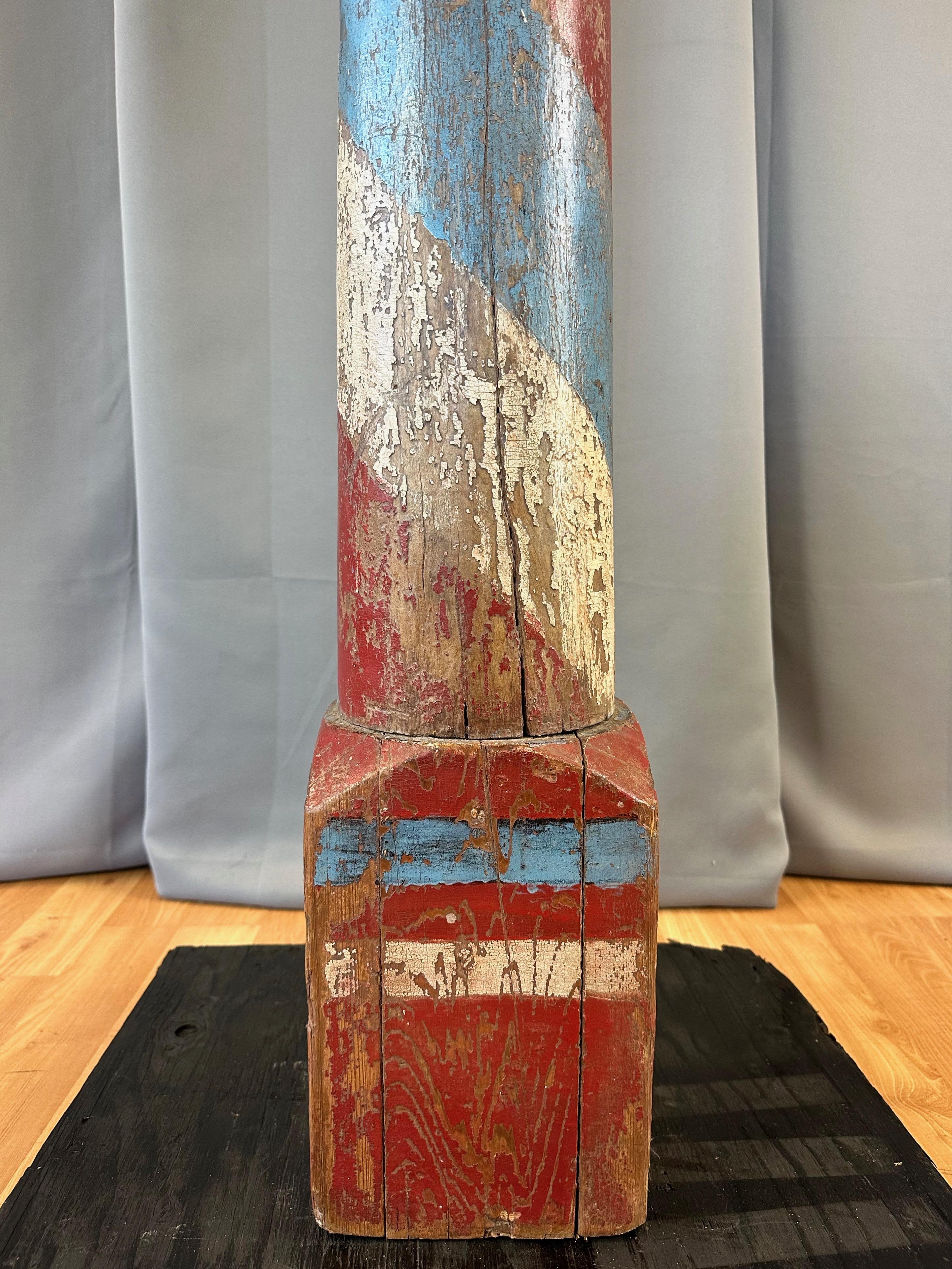 Folk Art Monumental Antique American Painted Turned Wood Barber Pole, circa 1875 For Sale
