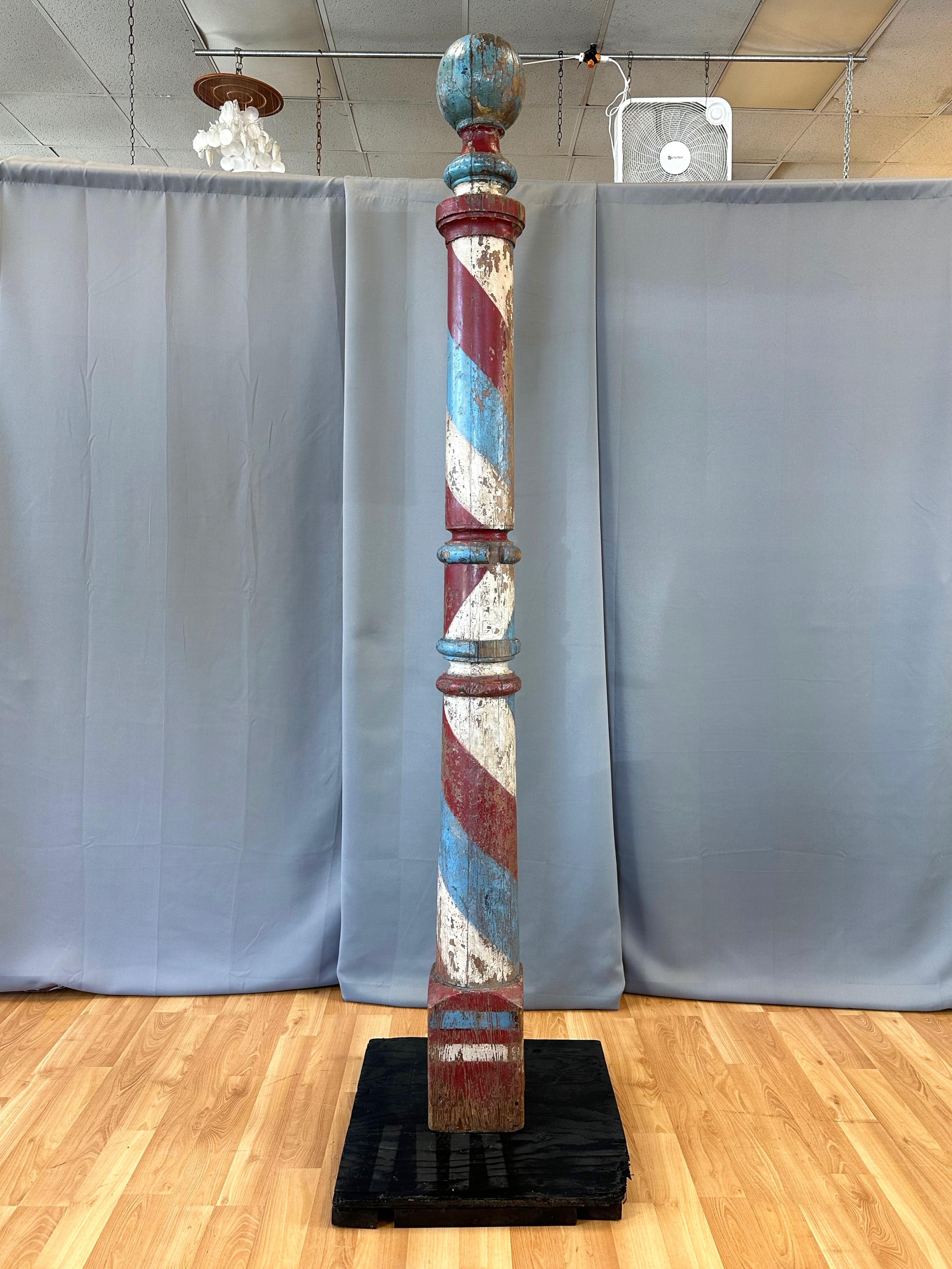 Late 19th Century Monumental Antique American Painted Turned Wood Barber Pole, circa 1875 For Sale