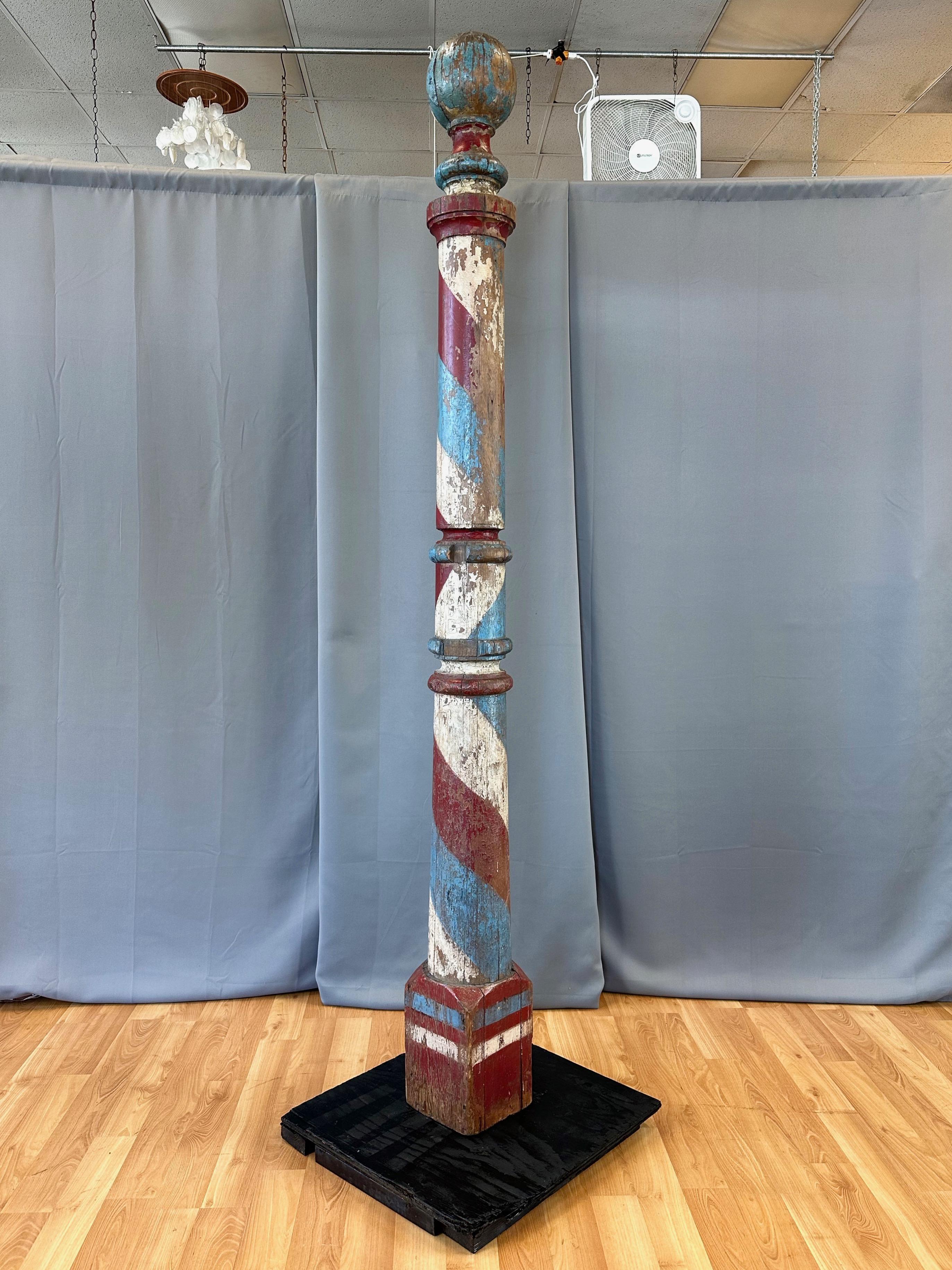 Monumental Antique American Painted Turned Wood Barber Pole, circa 1875 For Sale 1
