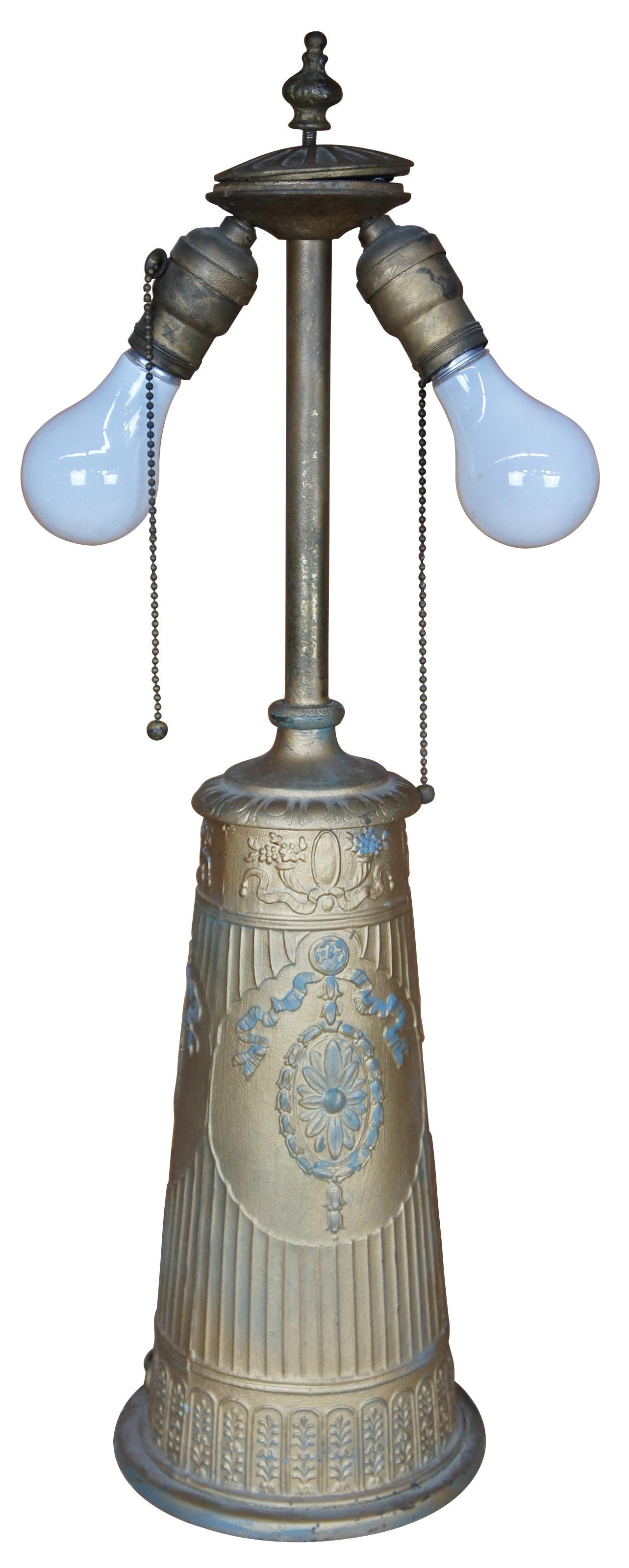 Monumental antique Art Nouveau slag glass lamp featuring Neoclassical styling with reticulated filigree shade. Measures: 25
