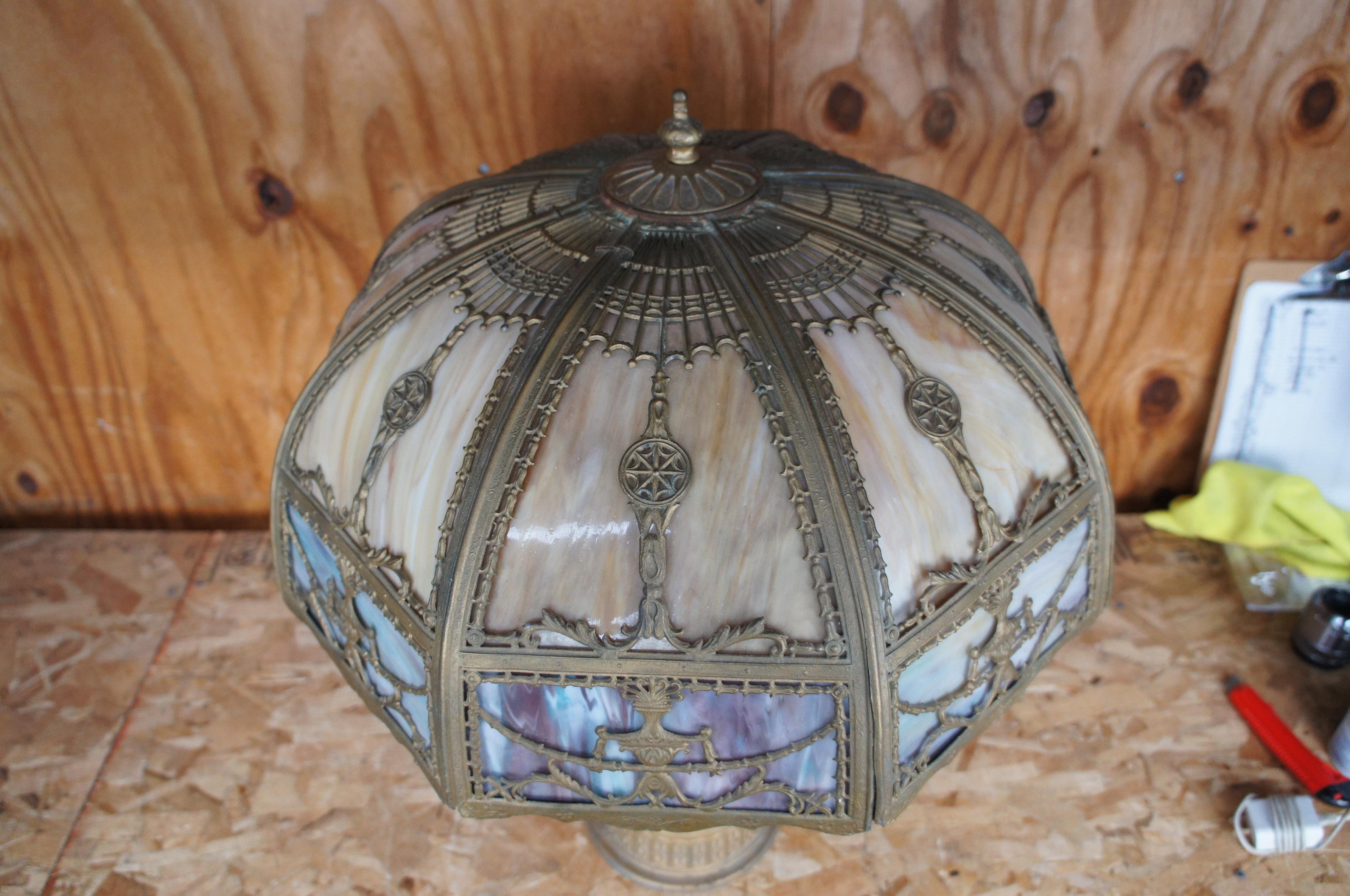 20th Century Monumental Antique Art Nouveau Neoclassical Cast Iron Slag Glass Table Lamp
