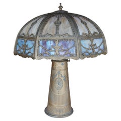 Monumental Antique Art Nouveau Neoclassical Cast Iron Slag Glass Table Lamp