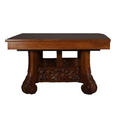 Monumental Antique Arts & Crafts Carved Oak Scroll and Acanthus Dining Table