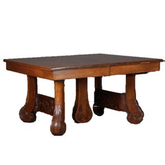 Monumental Antique Arts & Crafts Carved Oak Scroll and Acanthus Dining Table