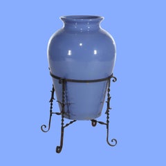 Monumental Antique Arts & Crafts Pottery Oil Jar With Wrought Iron Stand c1920