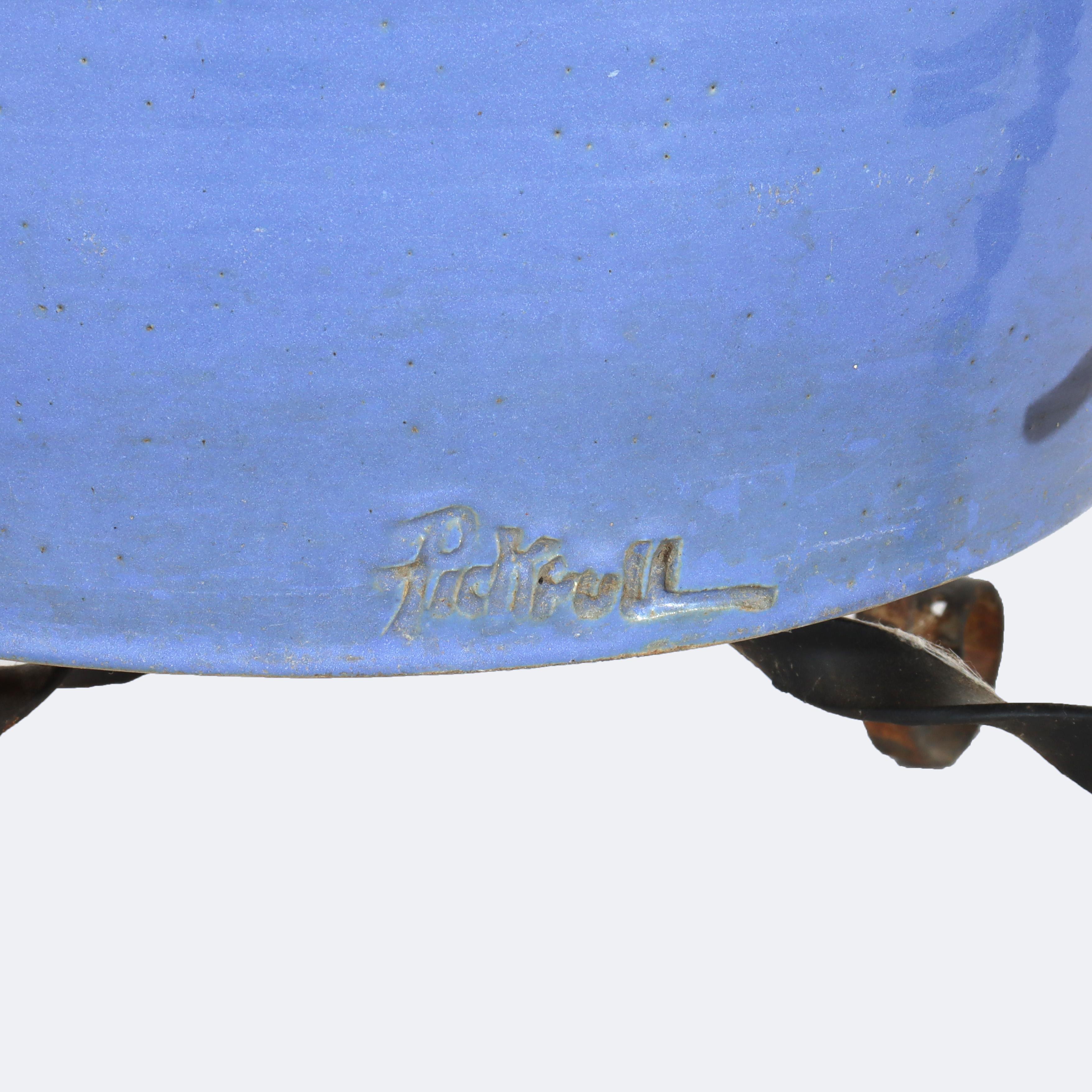 Monumentale antike Arts & Crafts Keramik Ölkrug mit schmiedeeisernen Stand c1920 im Angebot 4