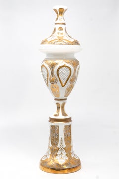 Monumental Antique Bohemian White Overlay Cut-to-Clear Covered Urn on Pedestal B