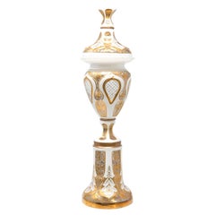 Monumental Antique Bohemian White Overlay Cut-to-Clear Covered Urn on Pedestal B