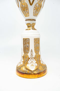 Monumental Antique Bohemian White Overlay Cut-to-Clear Glass Covered Urn (Pokal)
