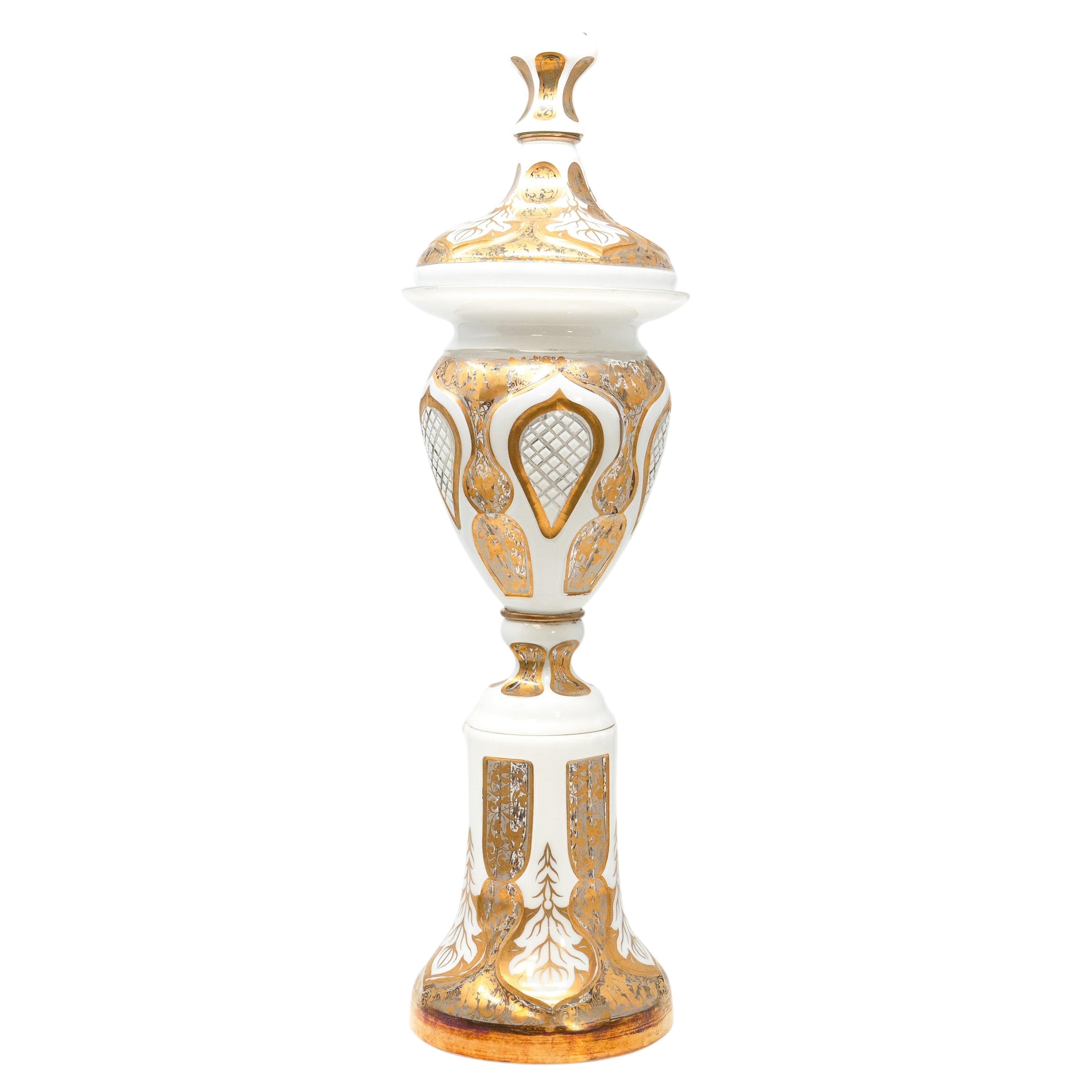 Monumental Antique Bohemian White Overlay Cut-to-Clear Glass Covered Urn (Pokal)