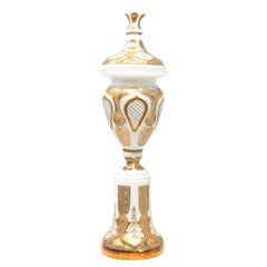 Monumental Antique Bohemian White Overlay Cut-to-Clear Glass Covered Urn (Pokal)