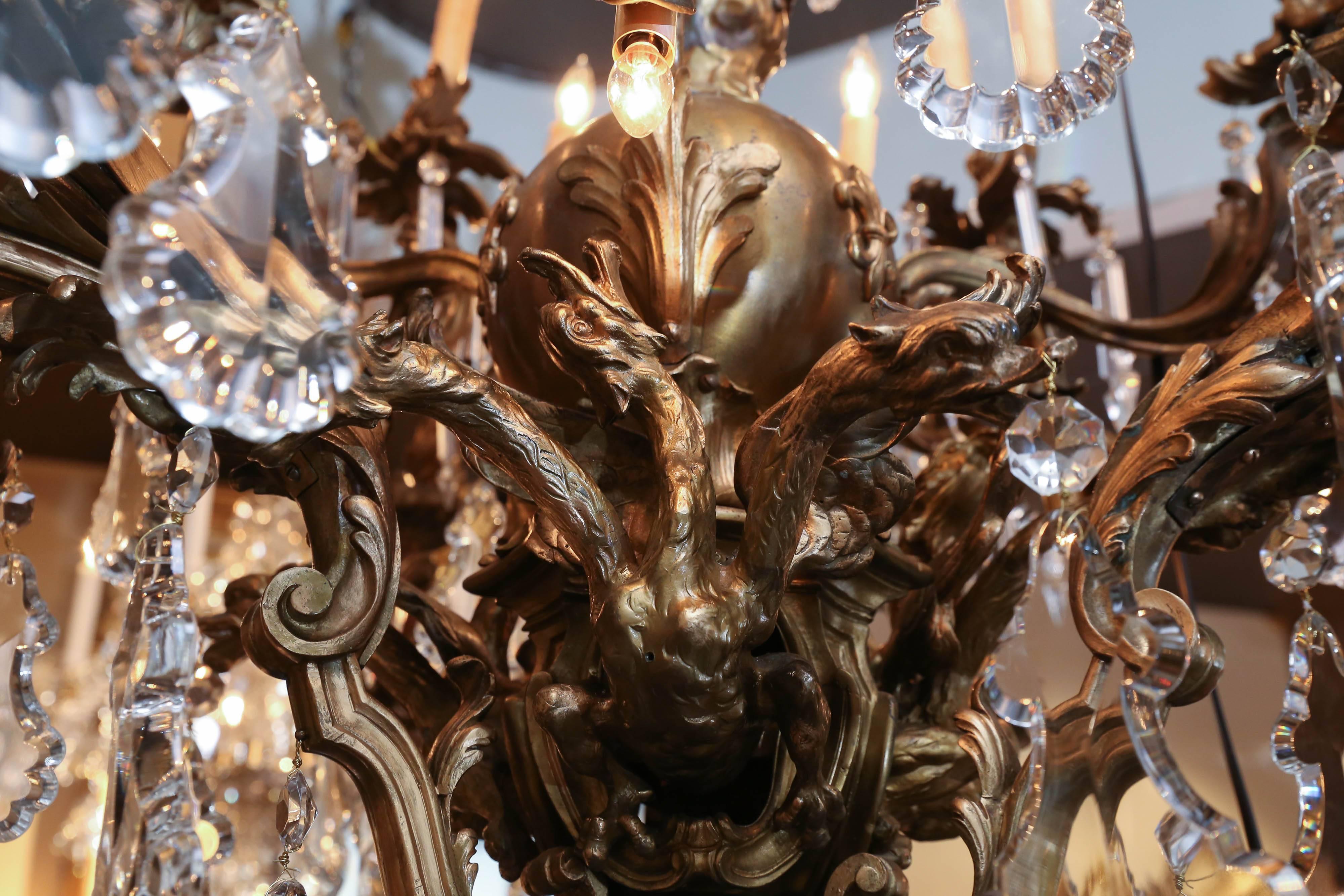 French Monumental Antique Bronze and Crystal Chandelier with Twenty-Seven Lights