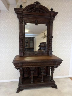 Monumental Antique Carved Walnut Hall Stand with Mirror