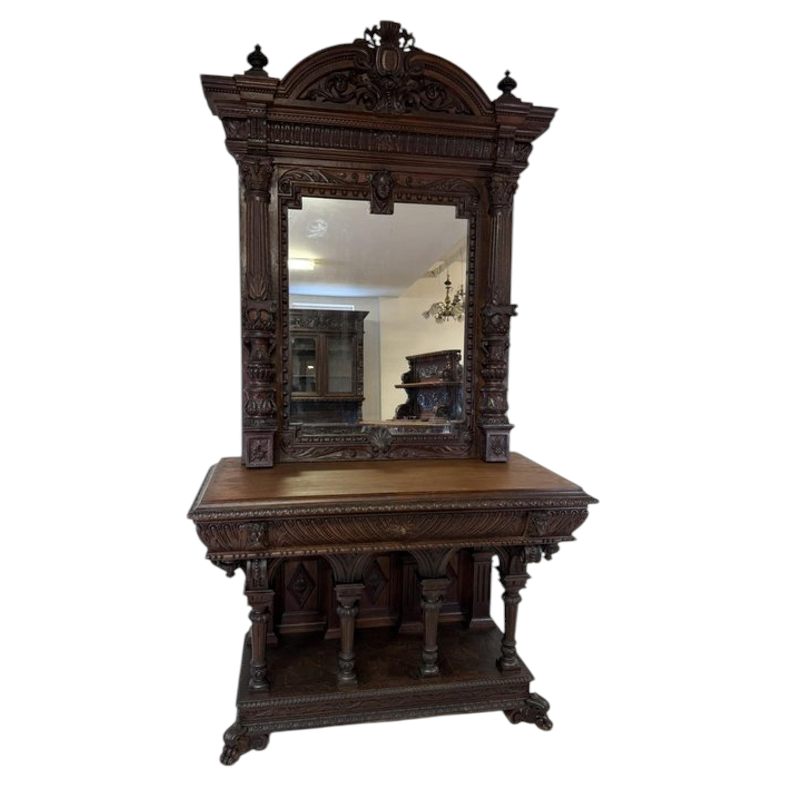 Monumental Antique Carved Walnut Hall Stand with Mirror