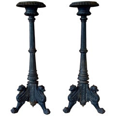 Monumental Antique Cast Iron Figural Neoclassical Griffin Candle Or Planters