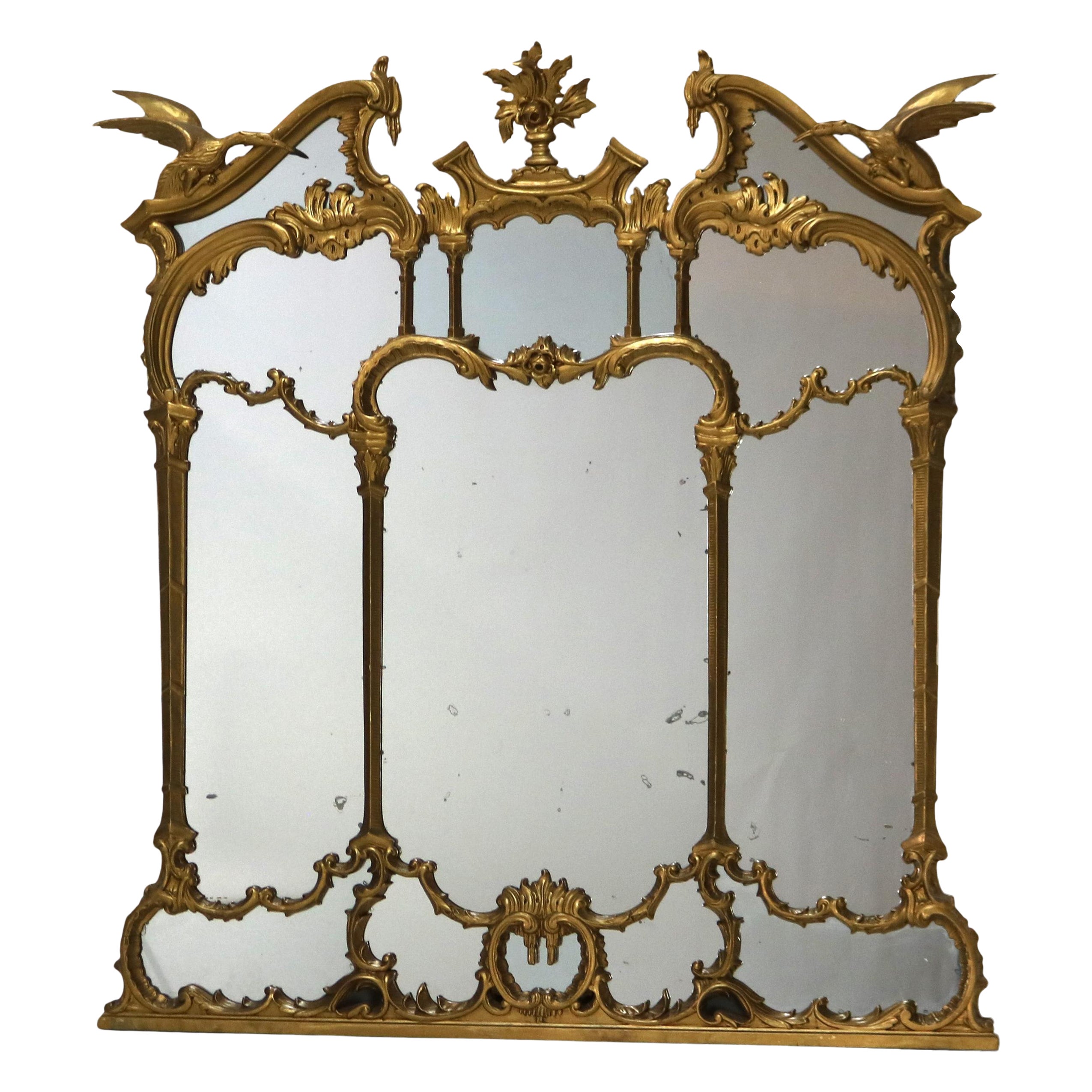 Monumental Antique Chinese Chippendale Figural Phoenix Giltwood Mirror c1880