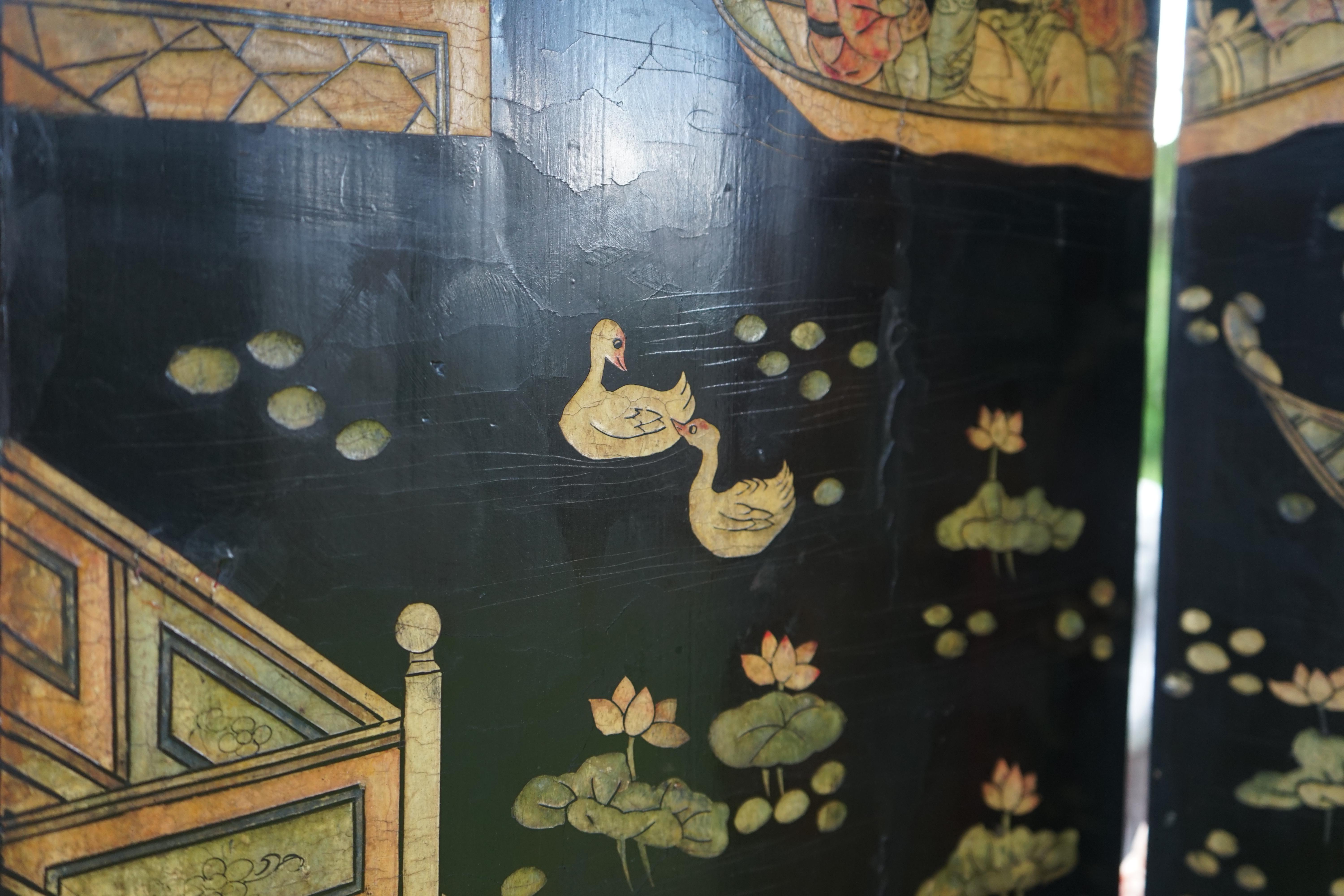 Monumental ancien écran chinois Coromandel à 8 panneaux peint à la main et sculpté 5