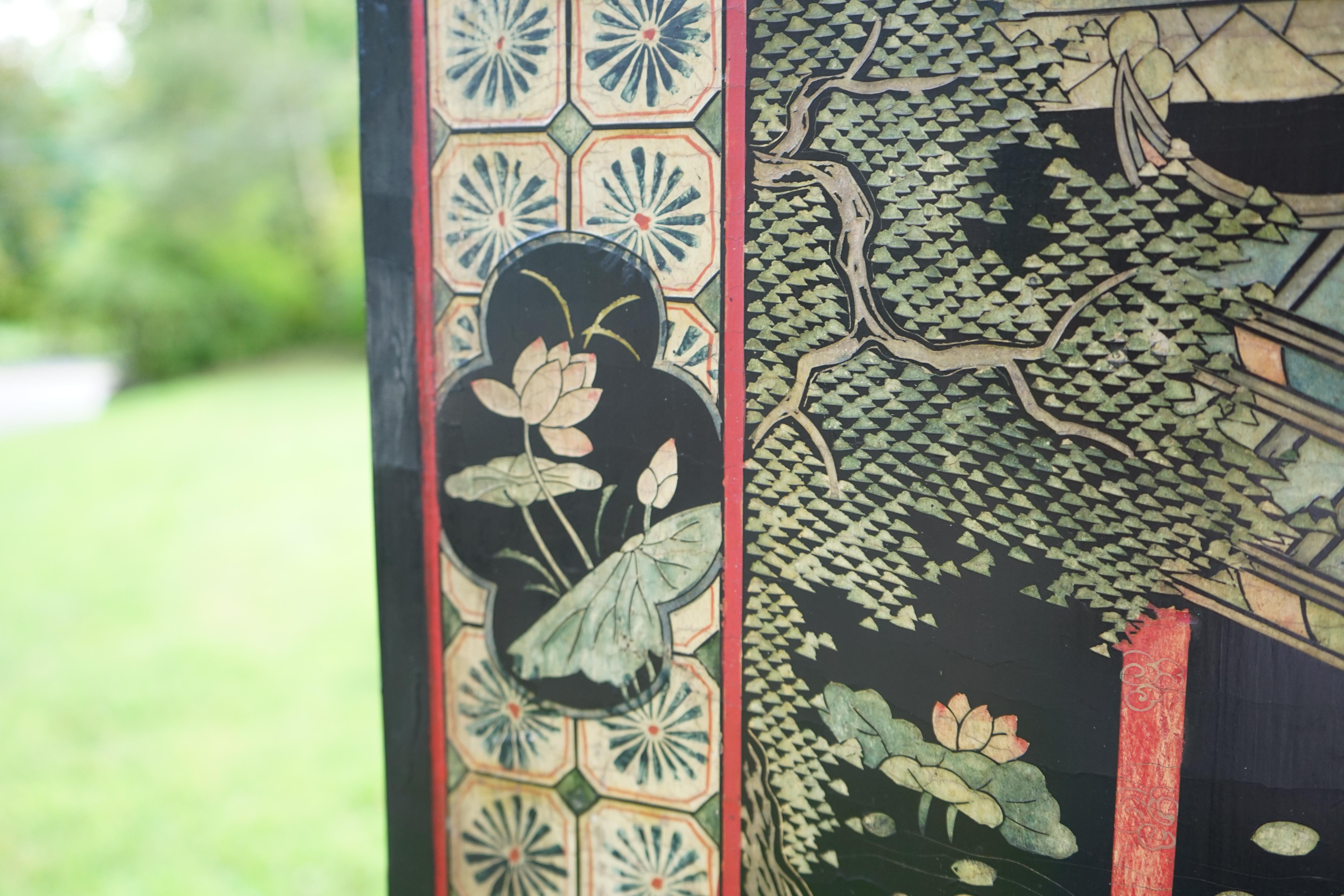 Monumental ancien écran chinois Coromandel à 8 panneaux peint à la main et sculpté 7