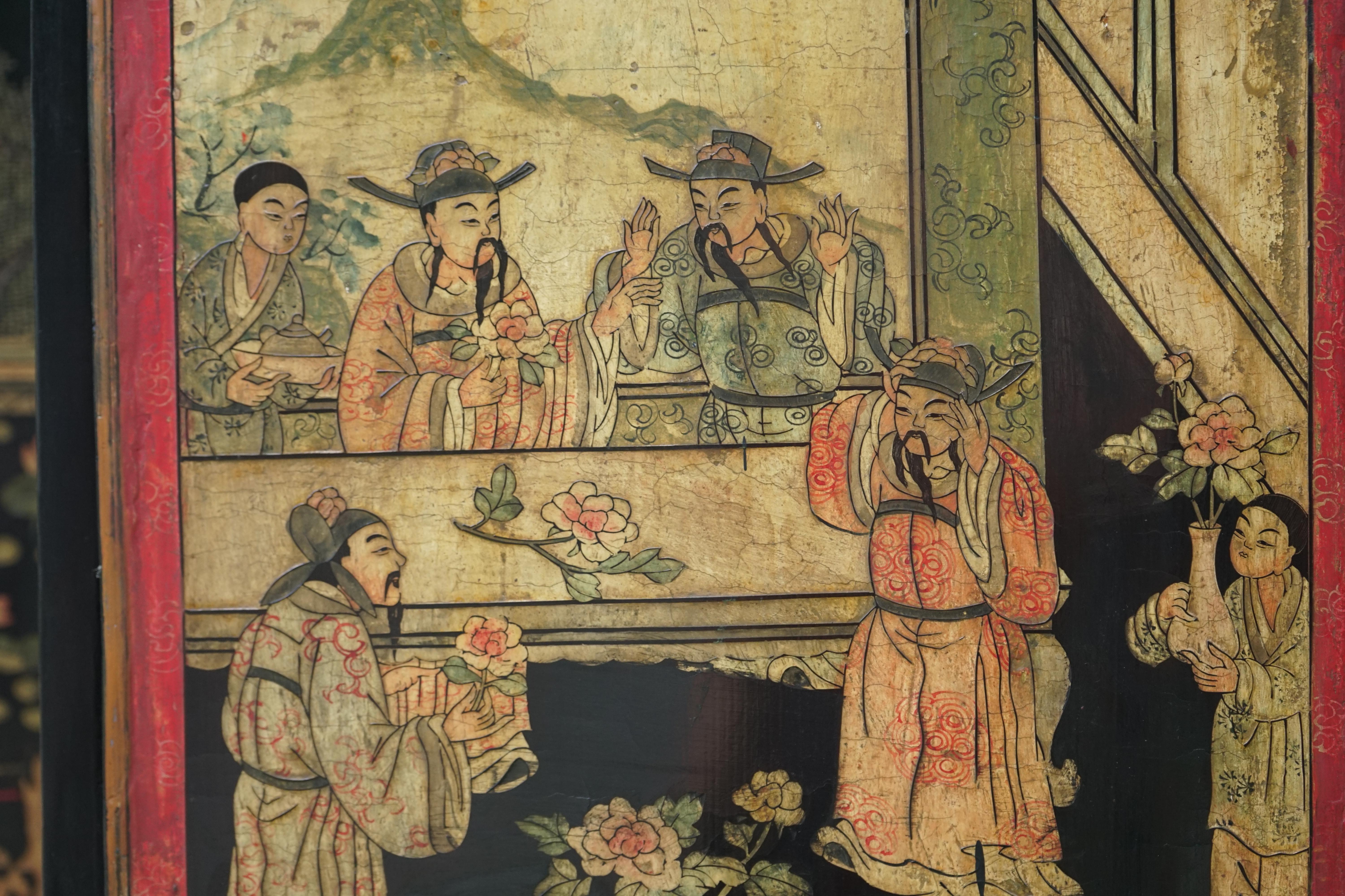 Monumental ancien écran chinois Coromandel à 8 panneaux peint à la main et sculpté 8