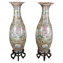 Monumental Vintage Chinese Porcelain Canton Famille Rose Palace Urns Vases 53"