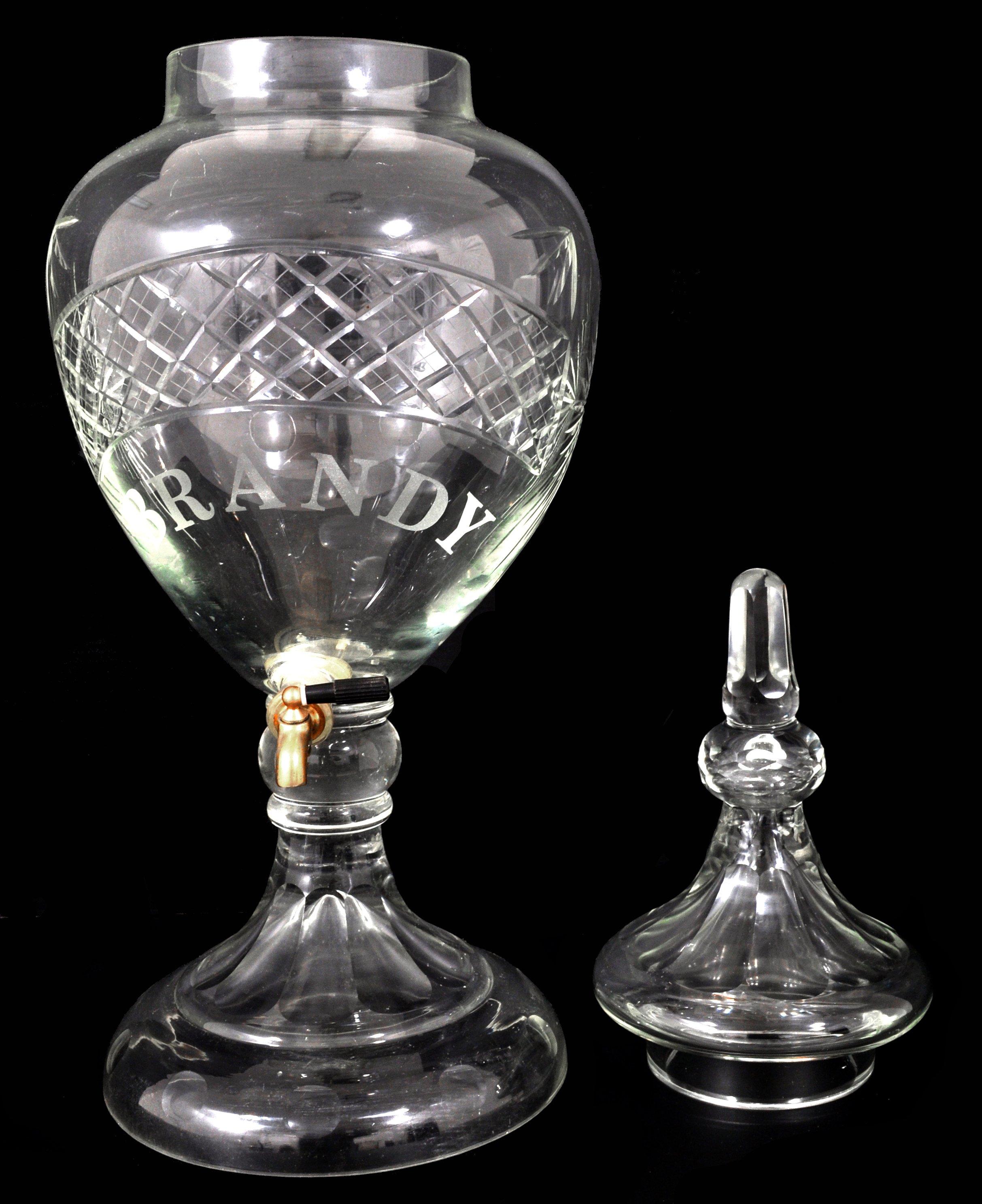 Etched Monumental Antique Cut Crystal Glass Brandy Liquor Bar Dispenser Decanter 1880 For Sale