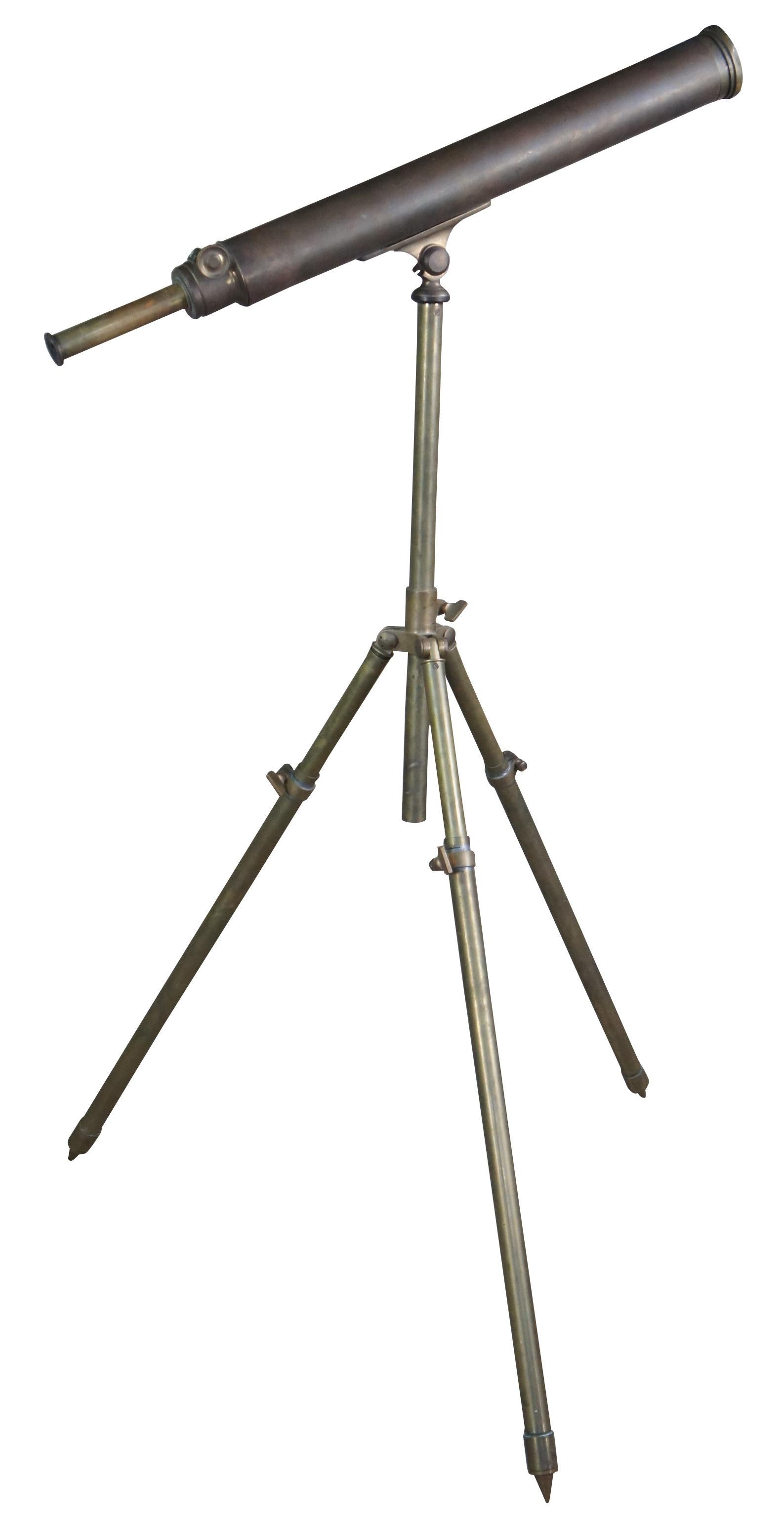 Rare and genuine 19th century English Victorian brass telescope on tripod stand. Features amazing optics and a large adjustable base with spike pointed feet.
 