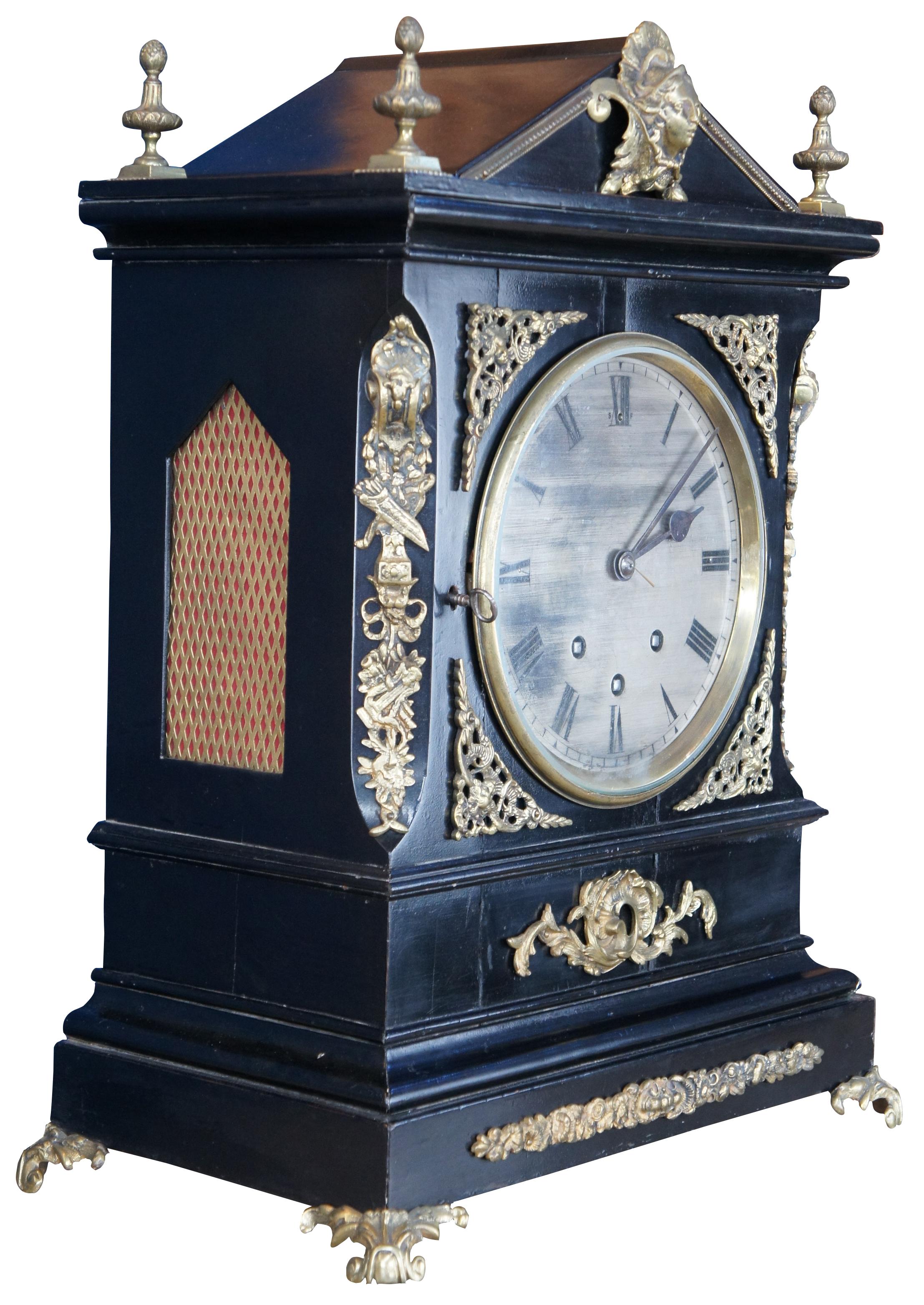 Monumental Antique English Georgian Ebonized Bracket Clock Ormolu Mantel Shelf In Good Condition In Dayton, OH