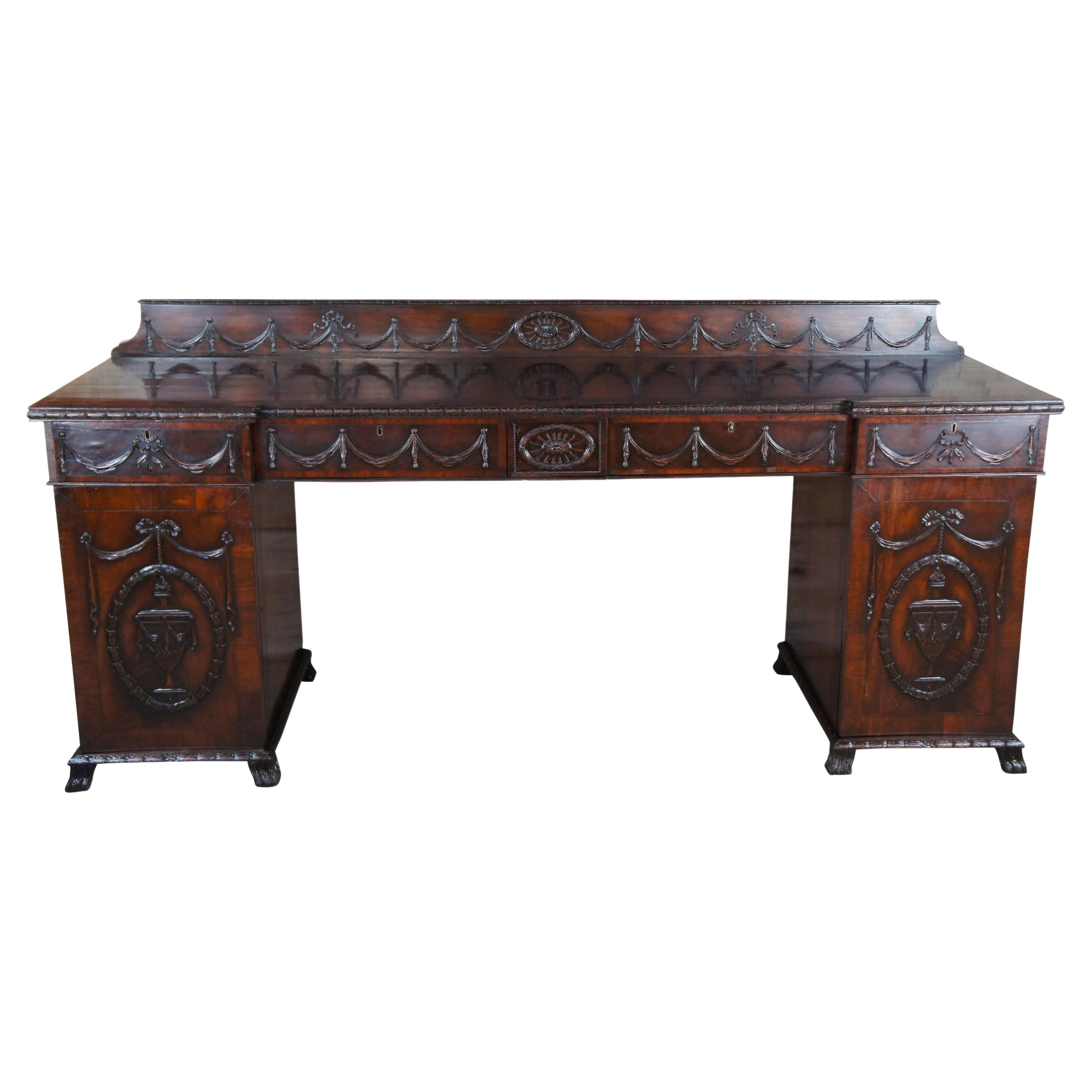 Monumental Antique English Georgian Neoclassical Mahogany Sideboard Buffet 92"