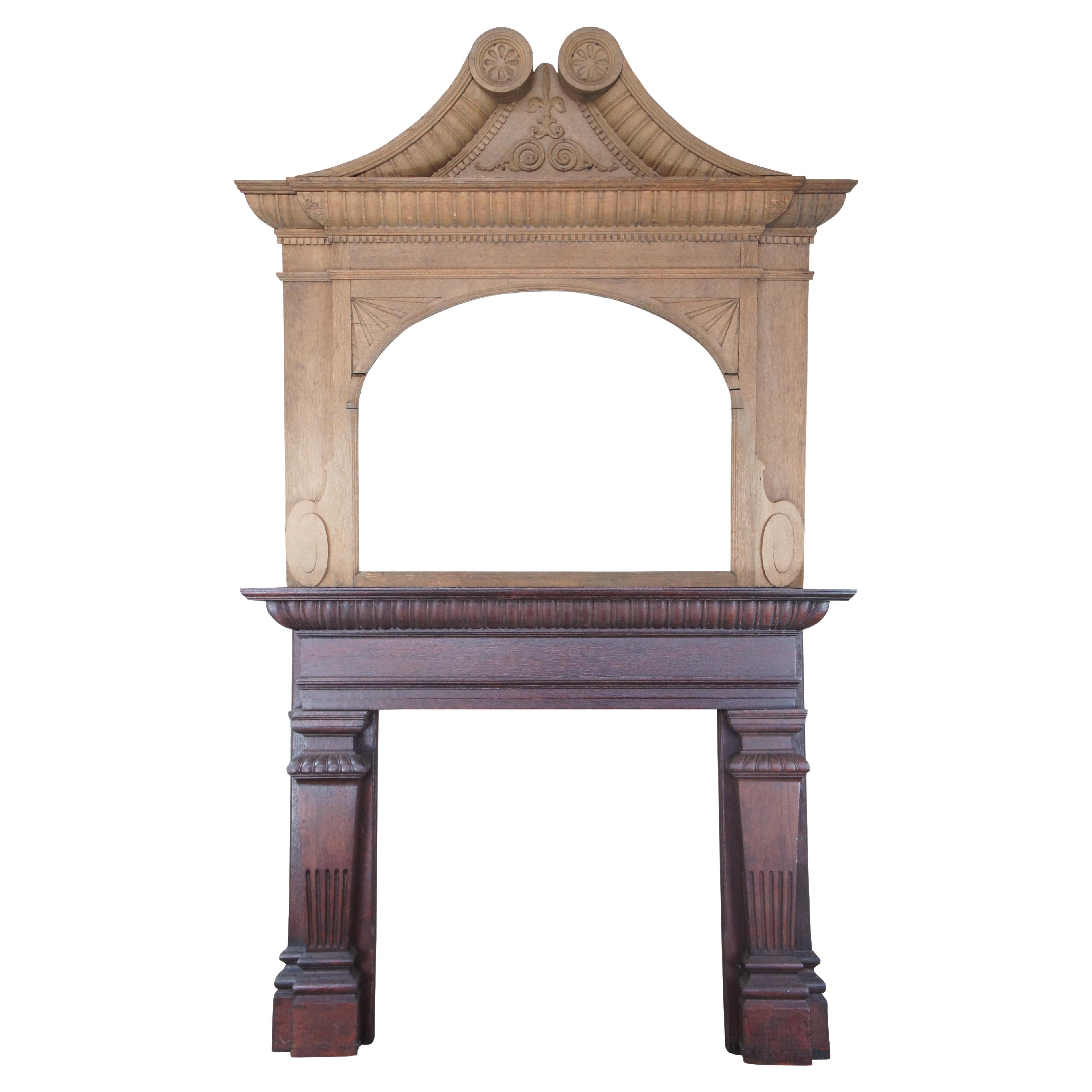 Monumentale cheminée anglaise géorgienne ancienne en chêne sculpté 112 po. en vente