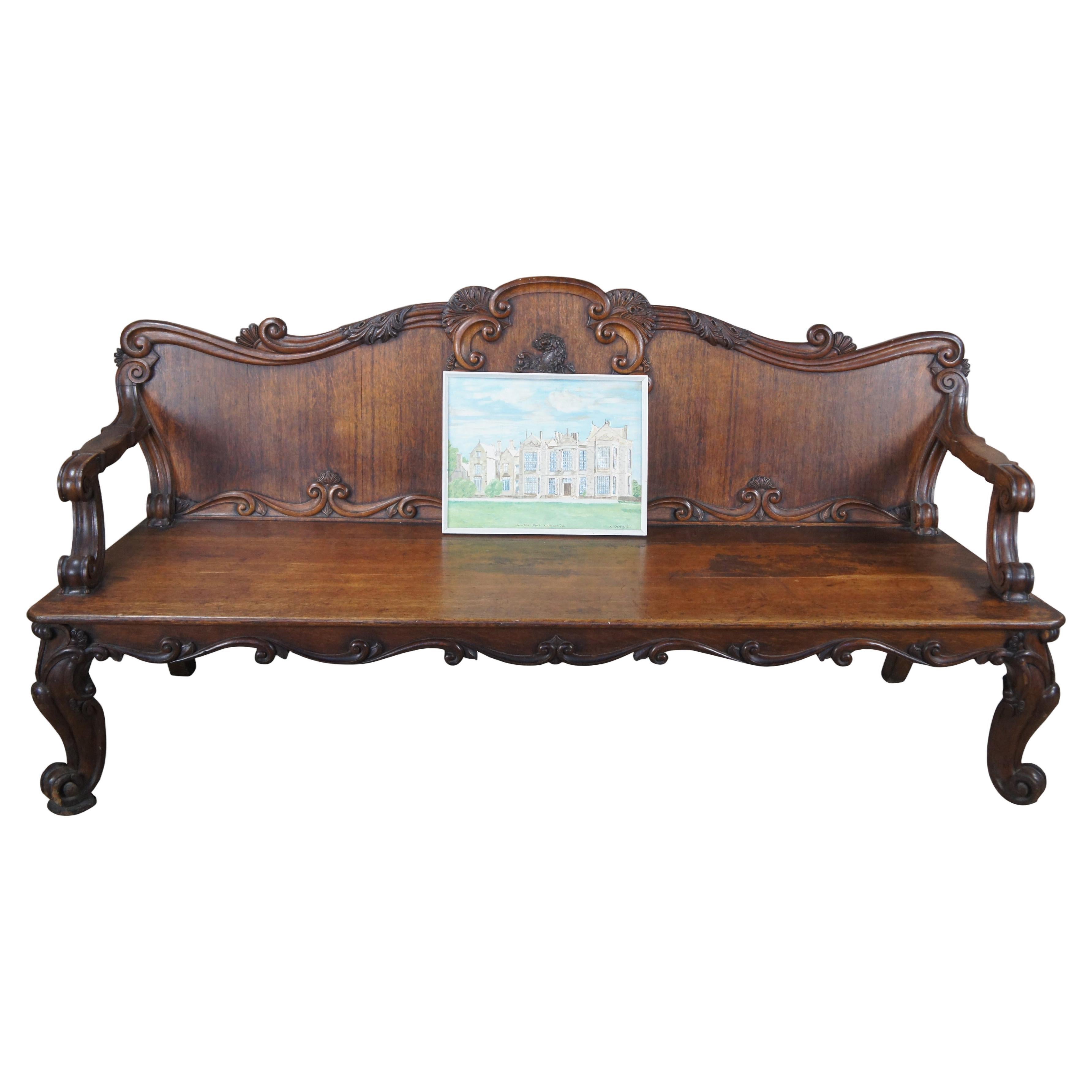 Monumental Antique English Jacobean Carved Oak Moreton Hall Bench Pew 82" For Sale