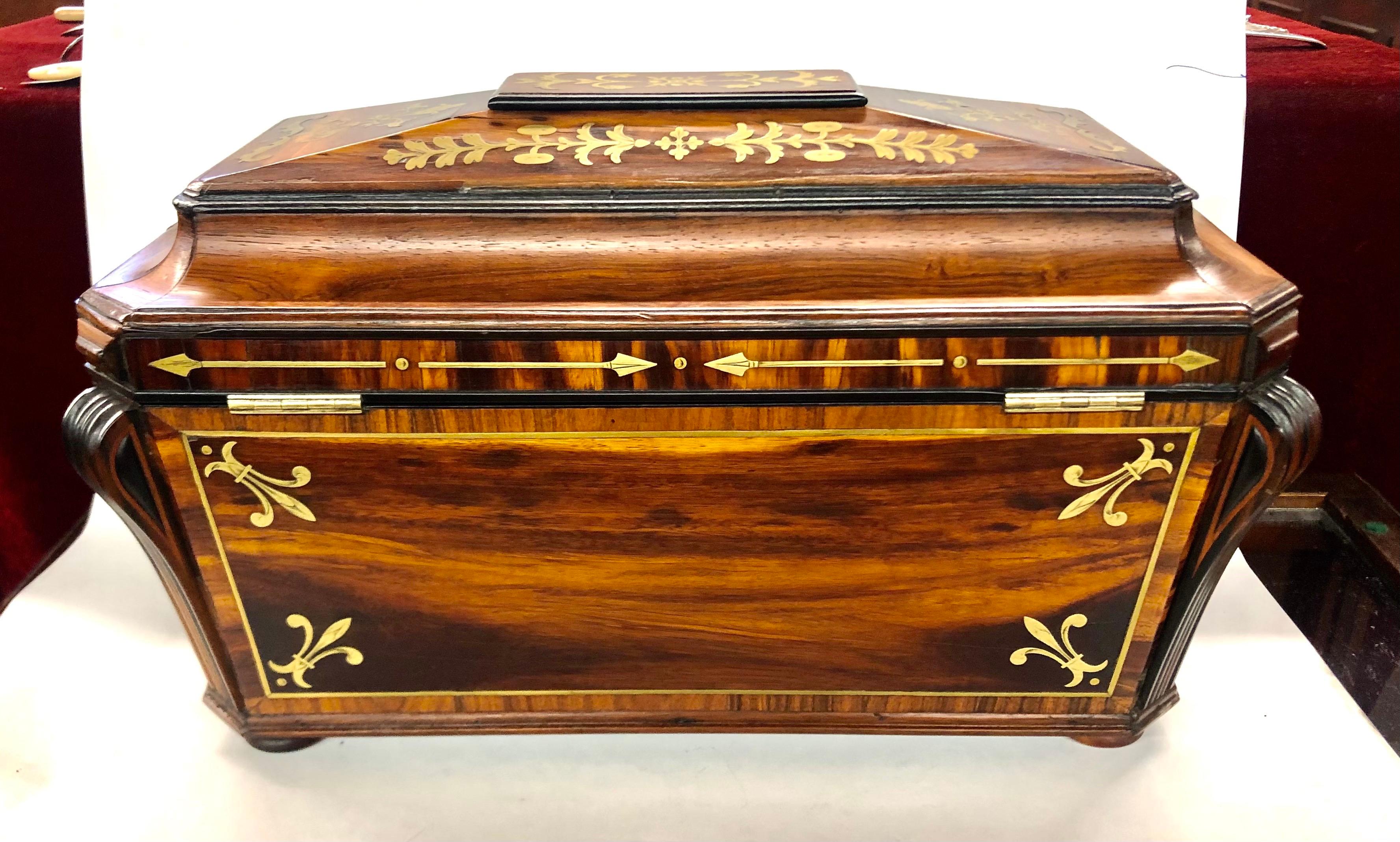 Monumental Antique English Regency Brass Inlaid Rosewood Sarcophagus Tea Caddy For Sale 5