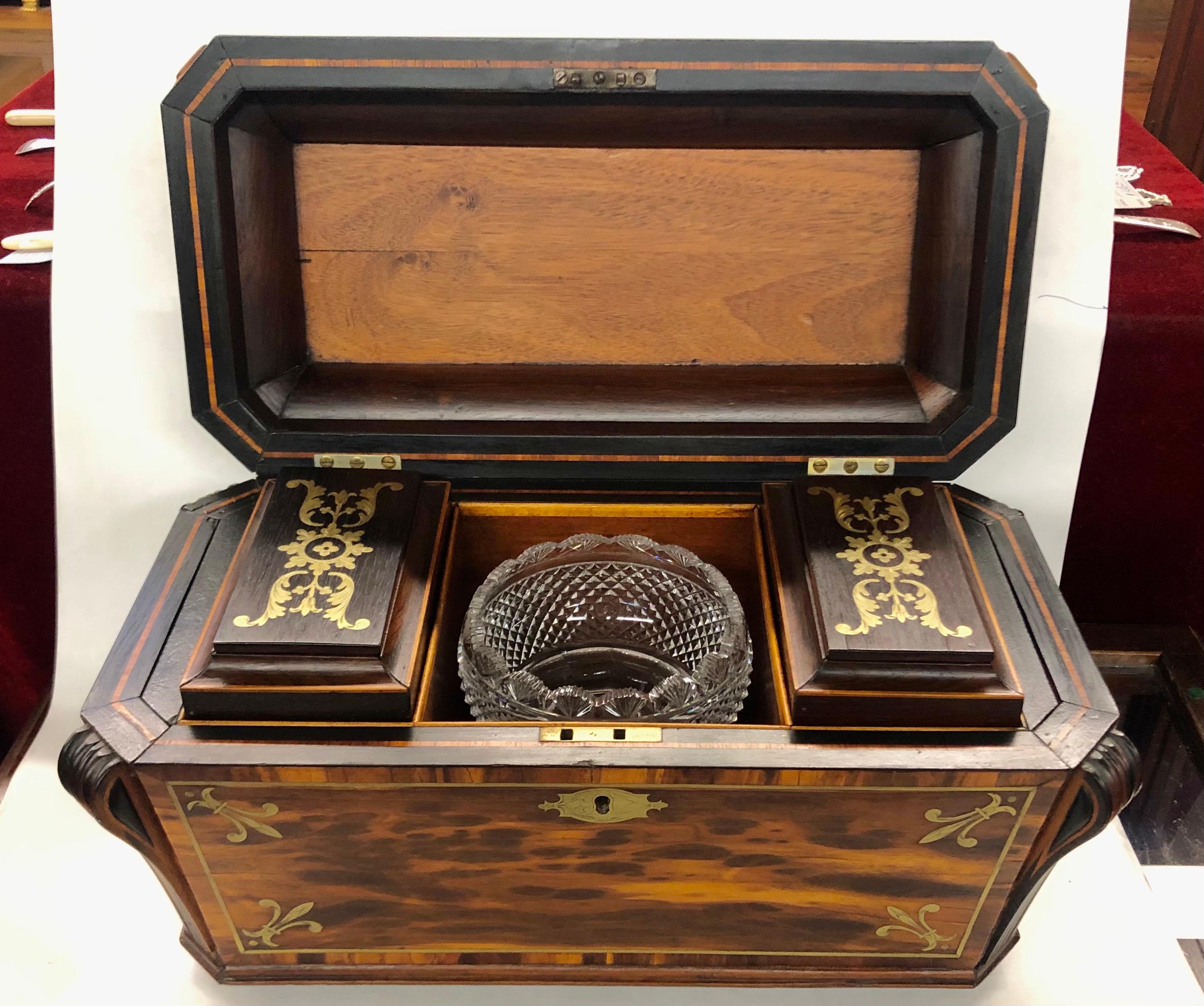 Hand-Crafted Monumental Antique English Regency Brass Inlaid Rosewood Sarcophagus Tea Caddy For Sale