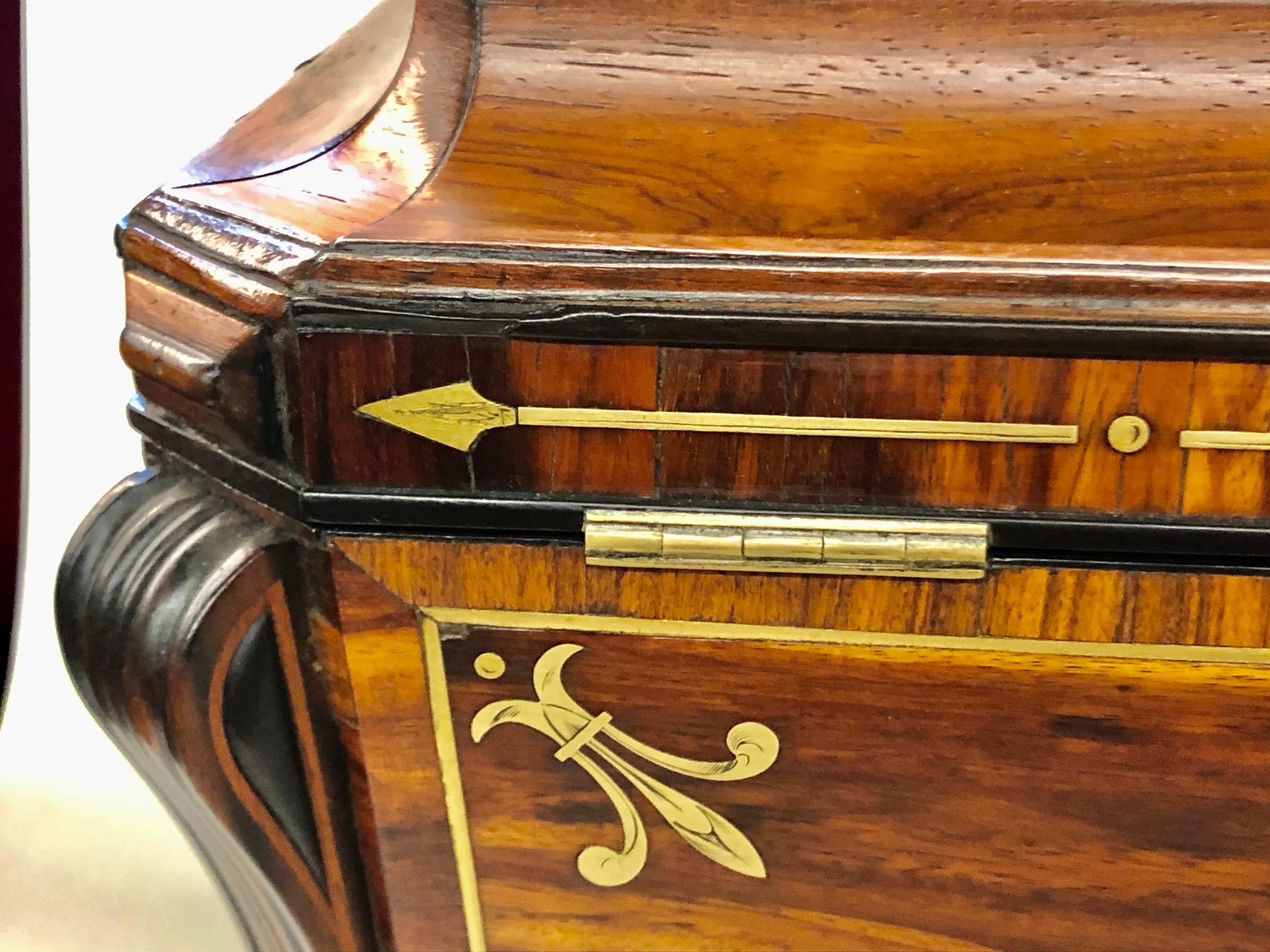 Monumental Antique English Regency Brass Inlaid Rosewood Sarcophagus Tea Caddy 1