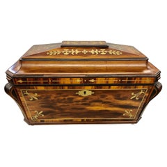 Monumental Antique English Regency Brass Inlaid Rosewood Sarcophagus Tea Caddy