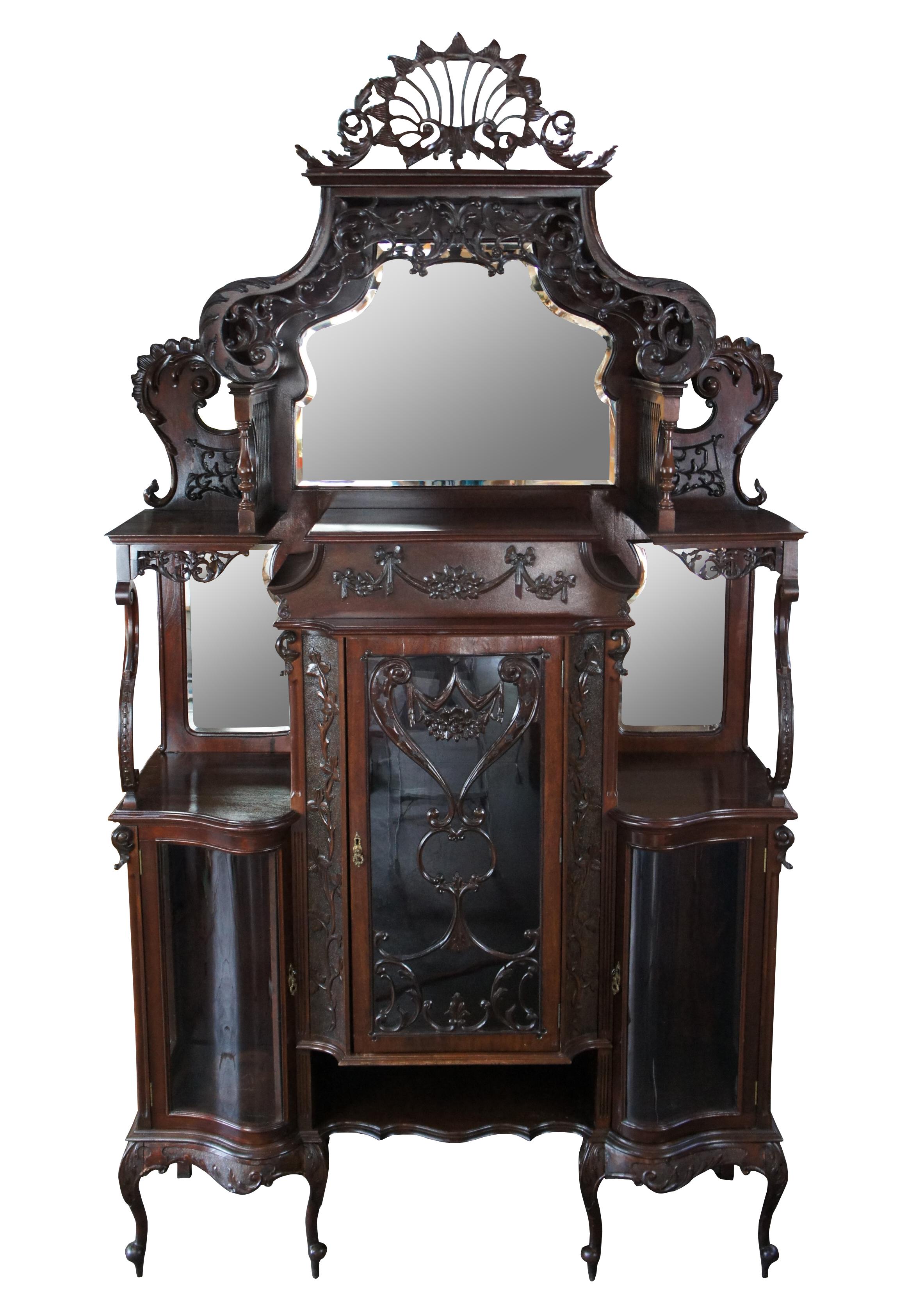 Monumental Antique English Victorian Mahogany Etagere Display Curio Cabinet