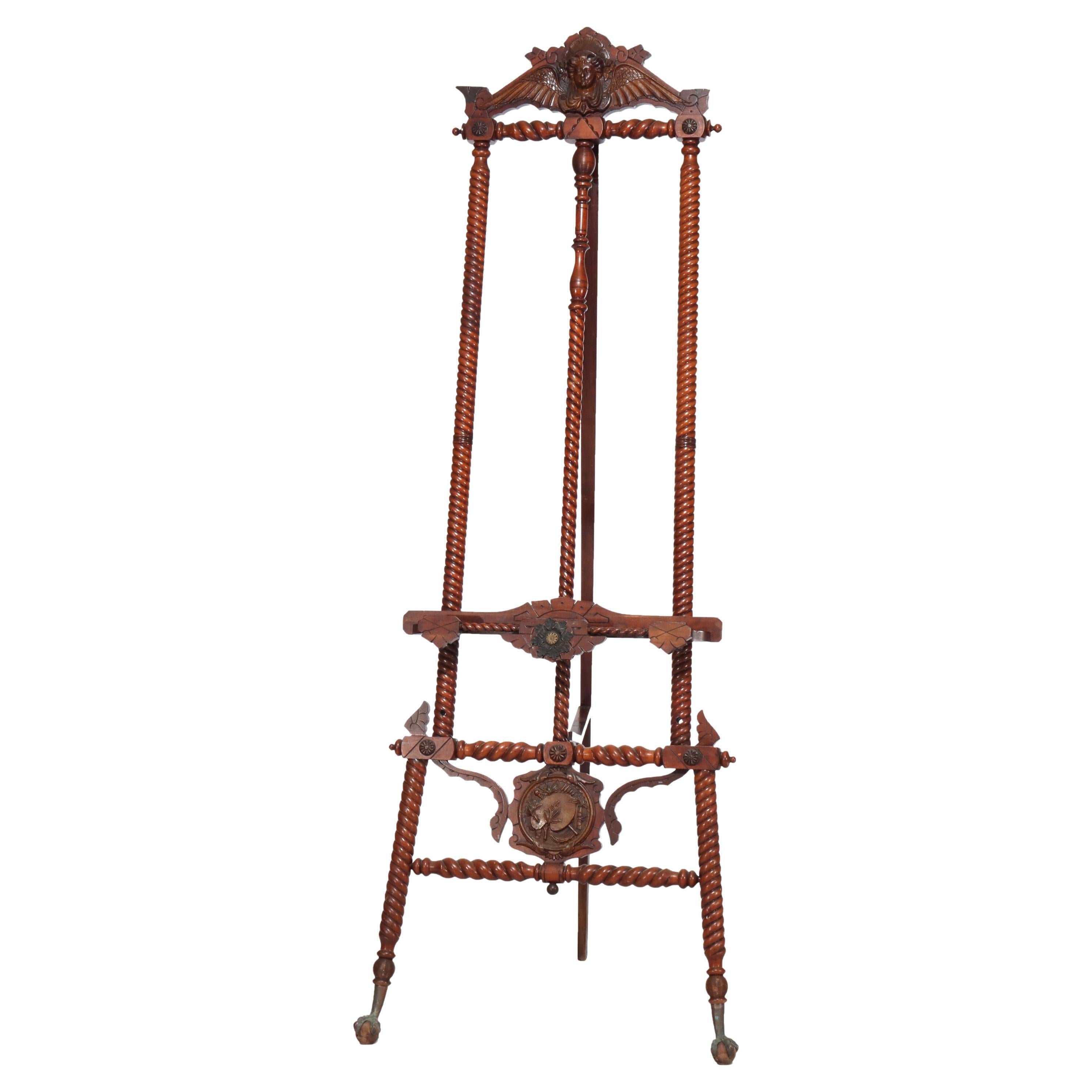 Monumental Antique Figural Carved Mahogany Artist Easel With Claw Feet