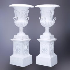Monumental Antique Fiske School Classical Garden Urns, Cherubs & Lions